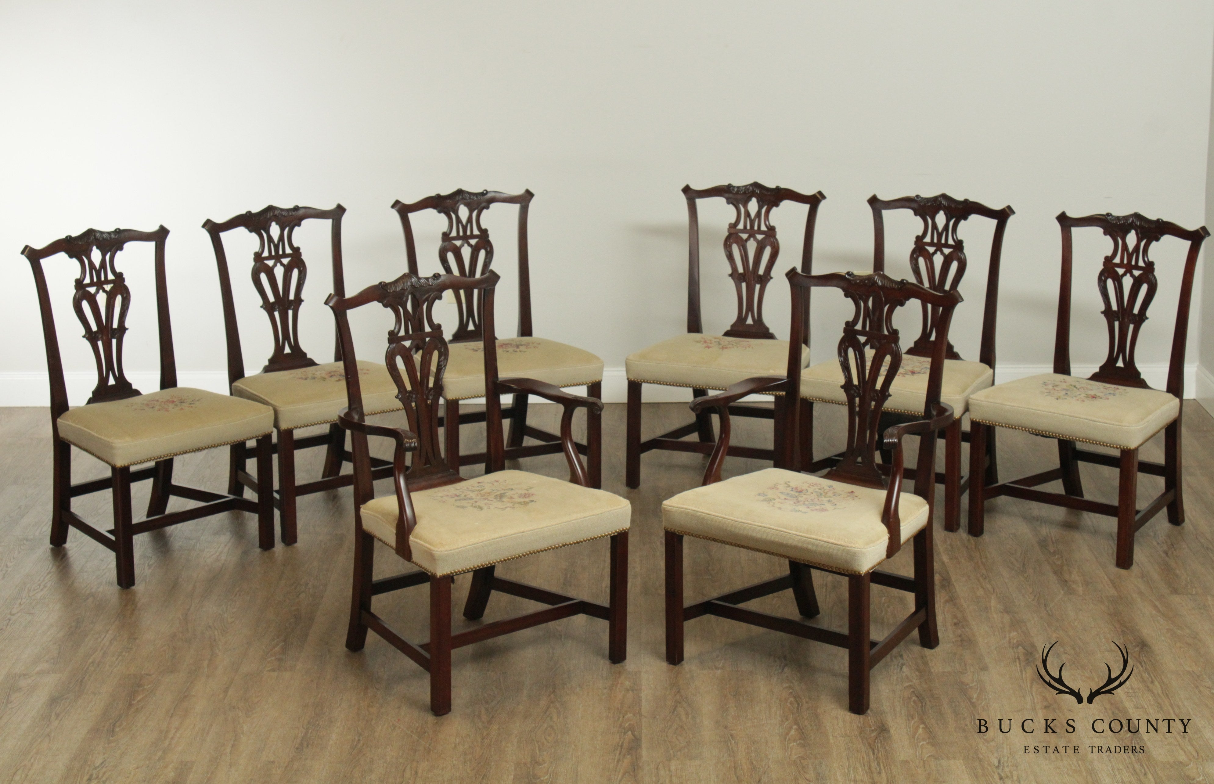 1940's Vintage Set 8 Chippendale Style Custom Mahogany Dining Chairs