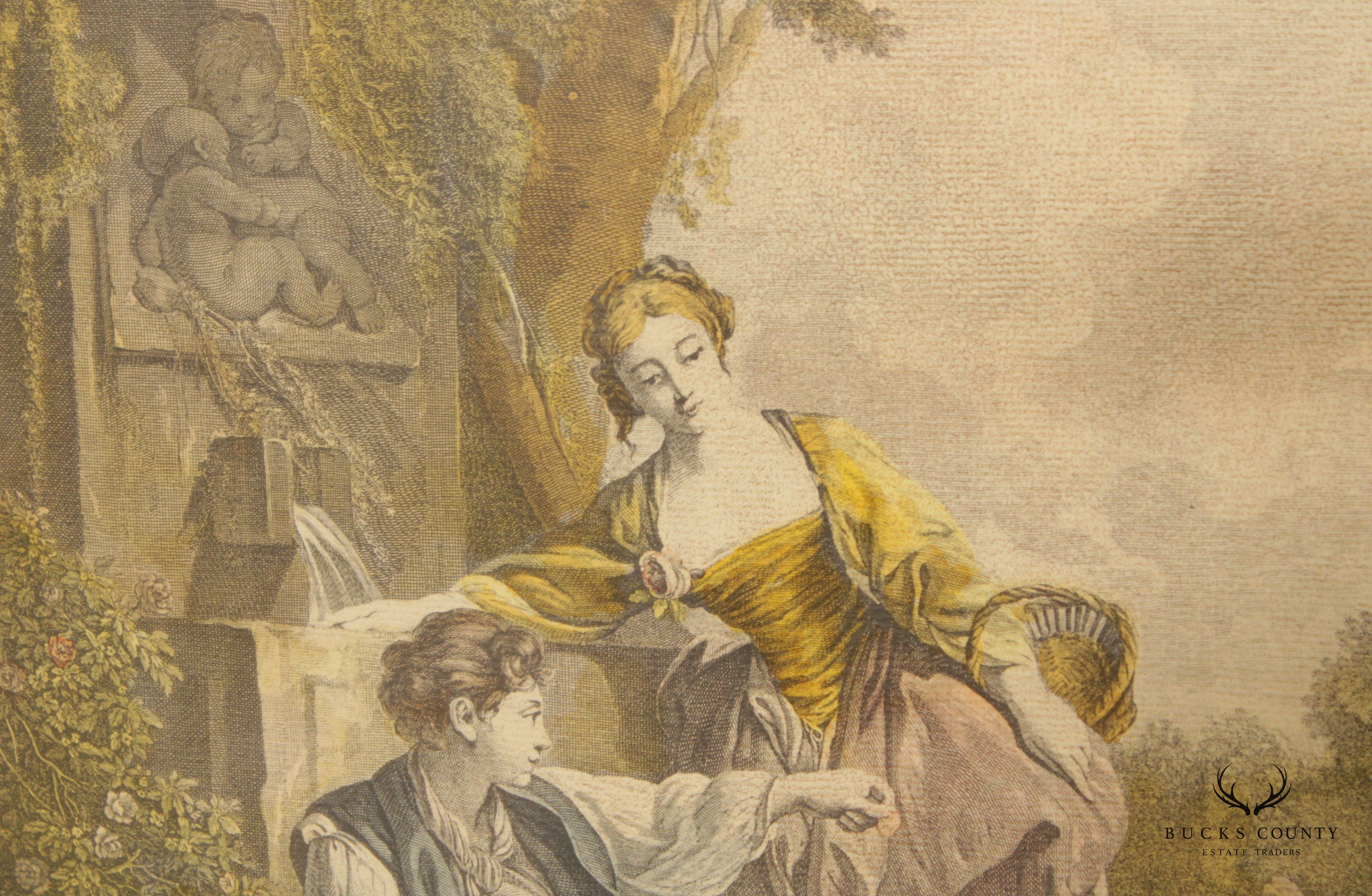 Antique 18th C. French 'L' Obeissance Recompensee' Hand-Colored Engraving, After Francois Boucher