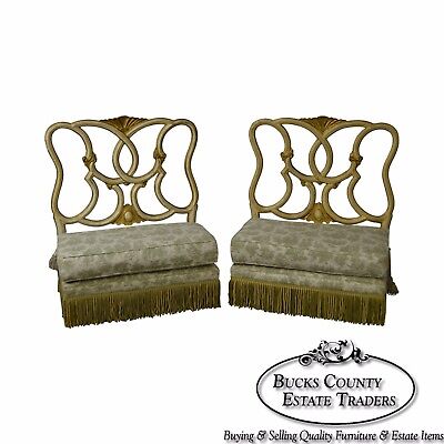 Antique Italian Painted & Upholstered Pair of Foyer Settees Benches