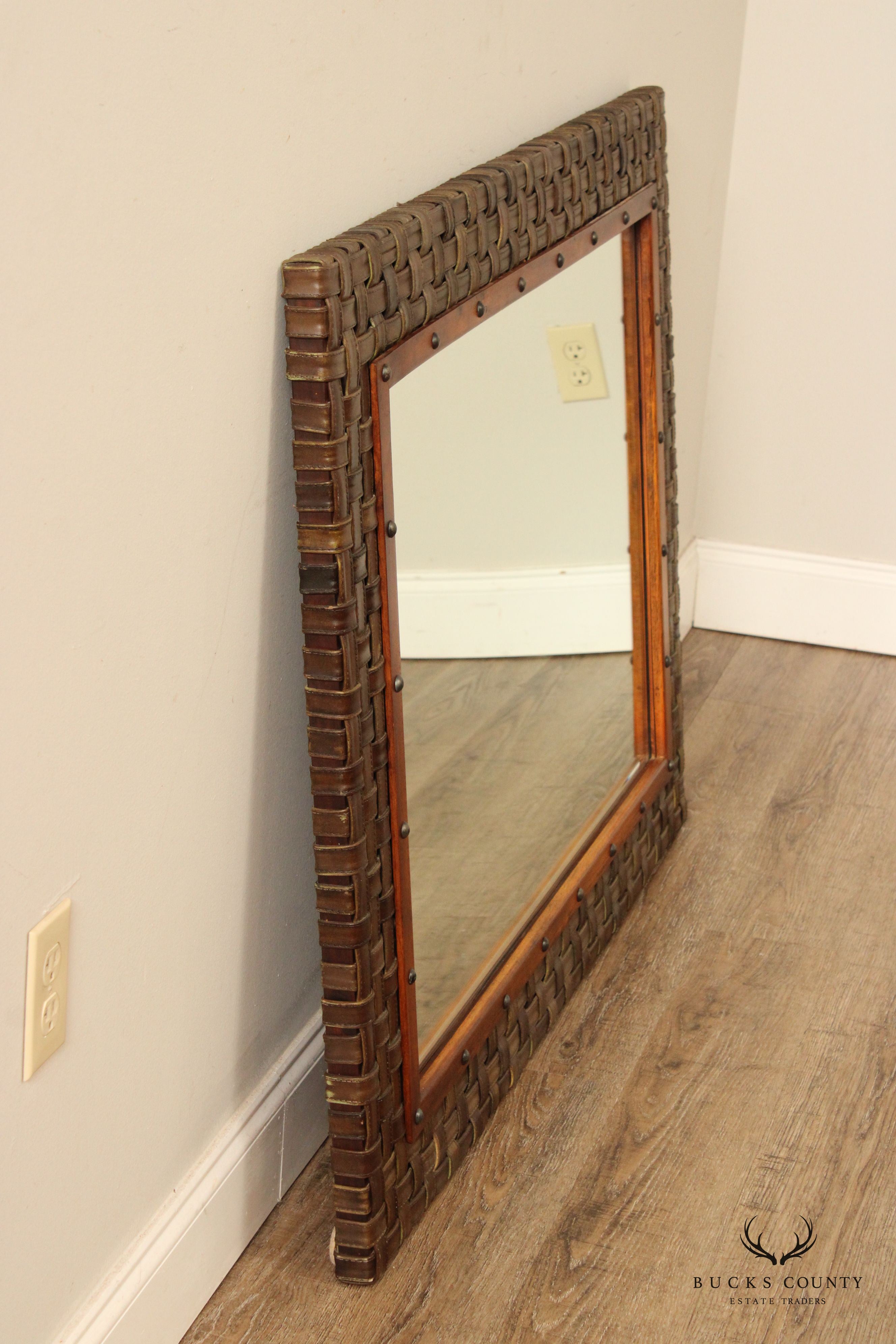 Woven Leather and Wood Frame Mantel Mirror