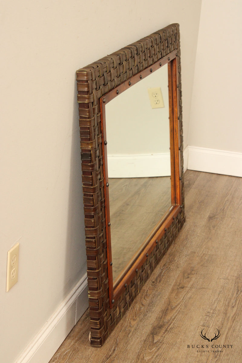 Woven Leather and Wood Frame Mantel Mirror