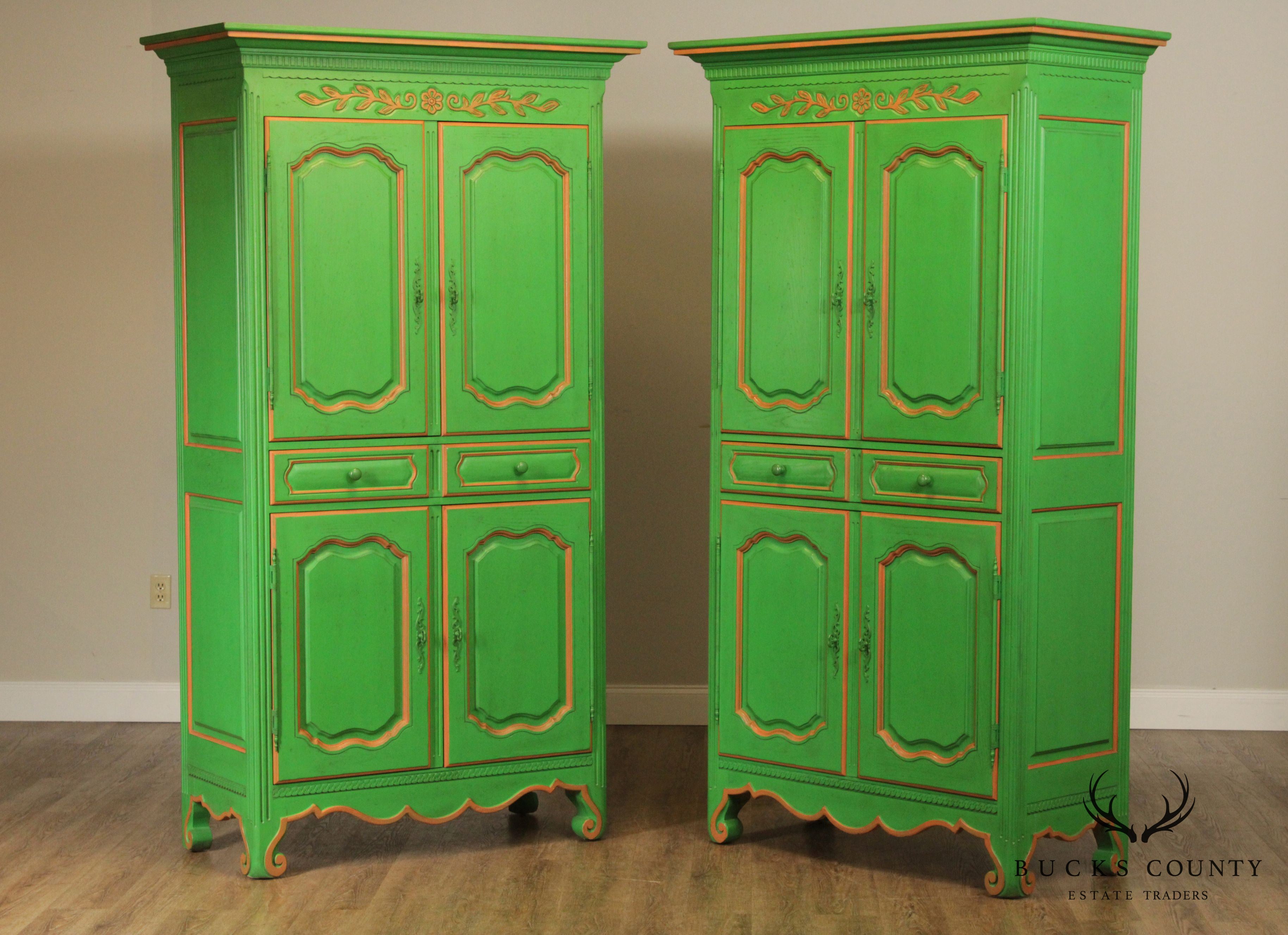 French Louis XV Style Custom Green Painted Pair Large Armoires