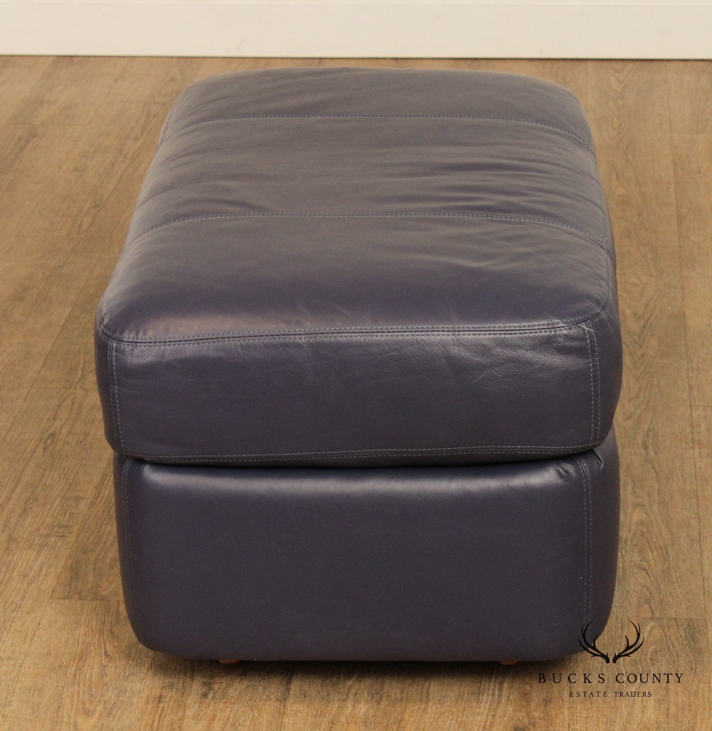 Henredon Vintage Pair of Blue Leather Ottomans