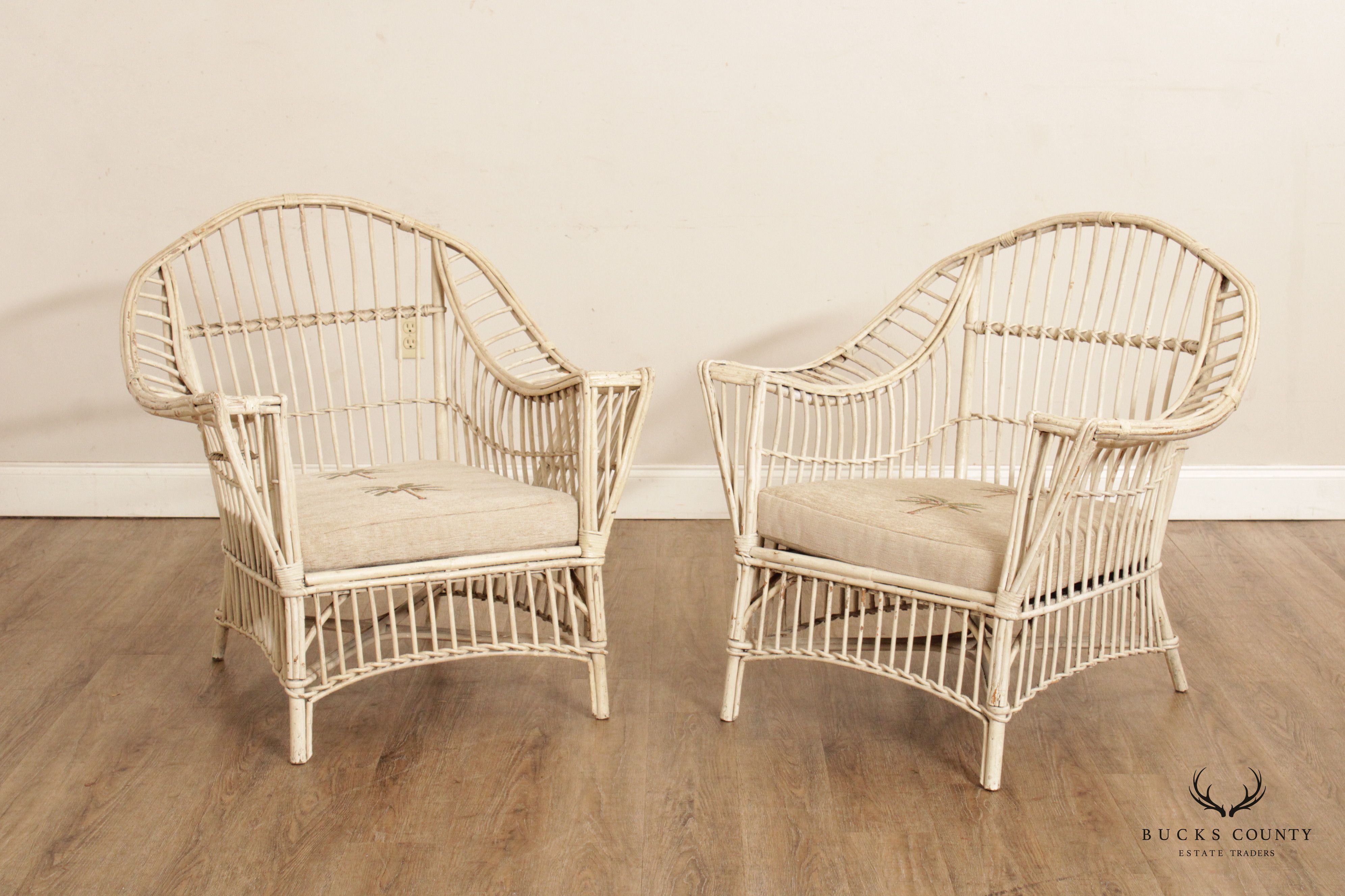 Vintage Coastal White Painted Split Reed Wicker Rattan Pair Patio Lounge Chairs