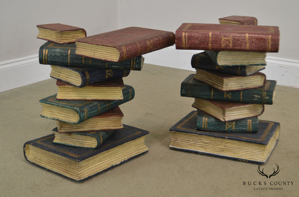 Stacked Books Carved Wood Pair End Tables
