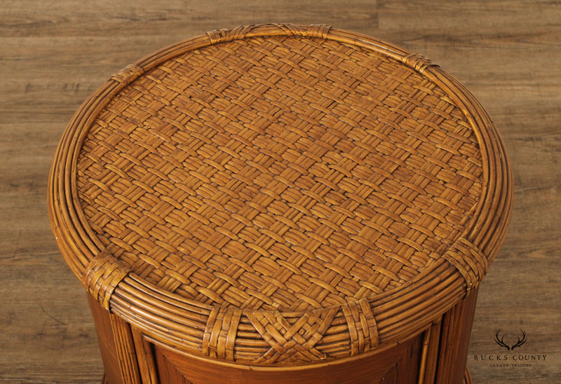 Bamboo and Rattan Circular Glass Top Drum Style Side Table