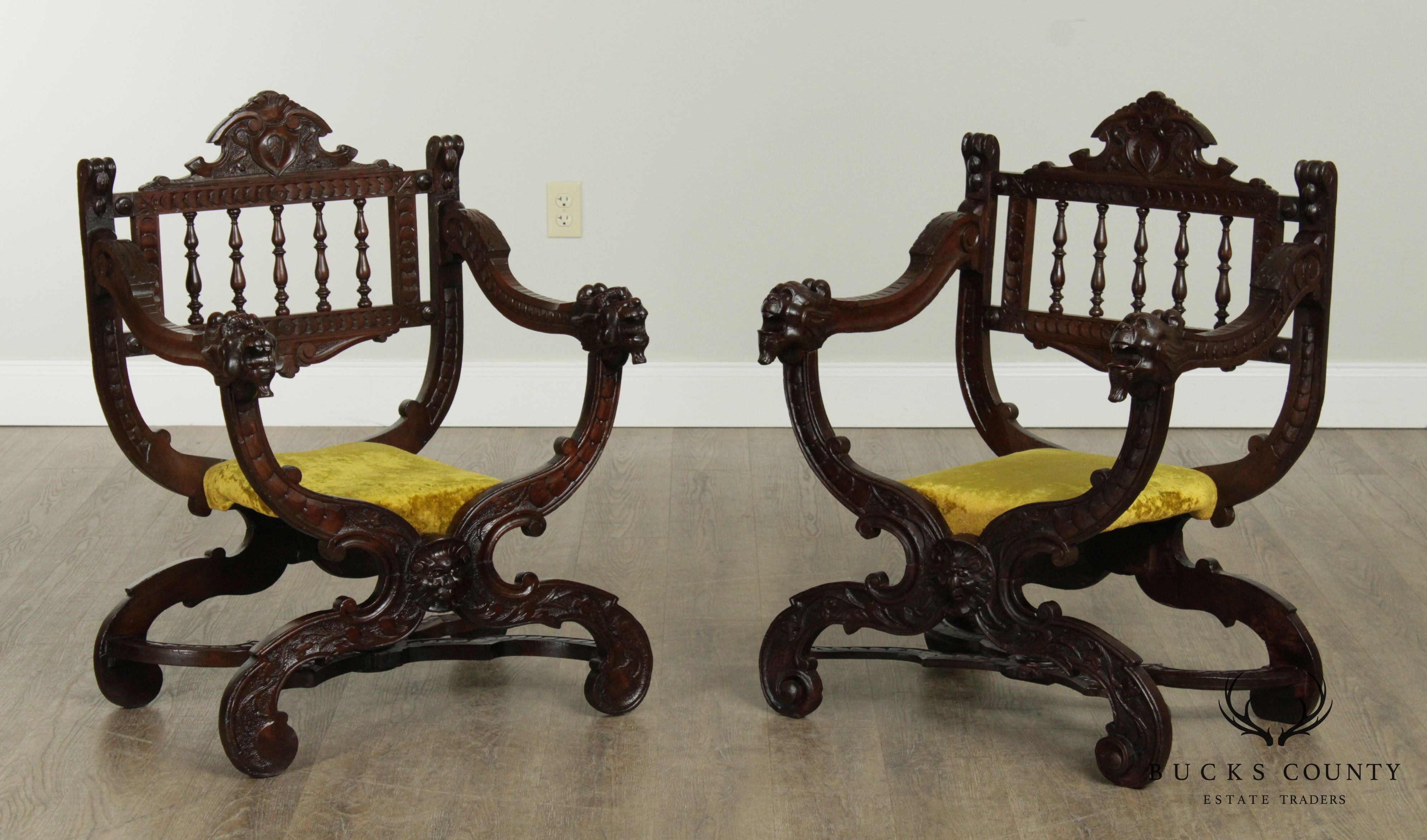 Antique Italian Renaissance Style Style Pair Carved Savonarola Armchairs