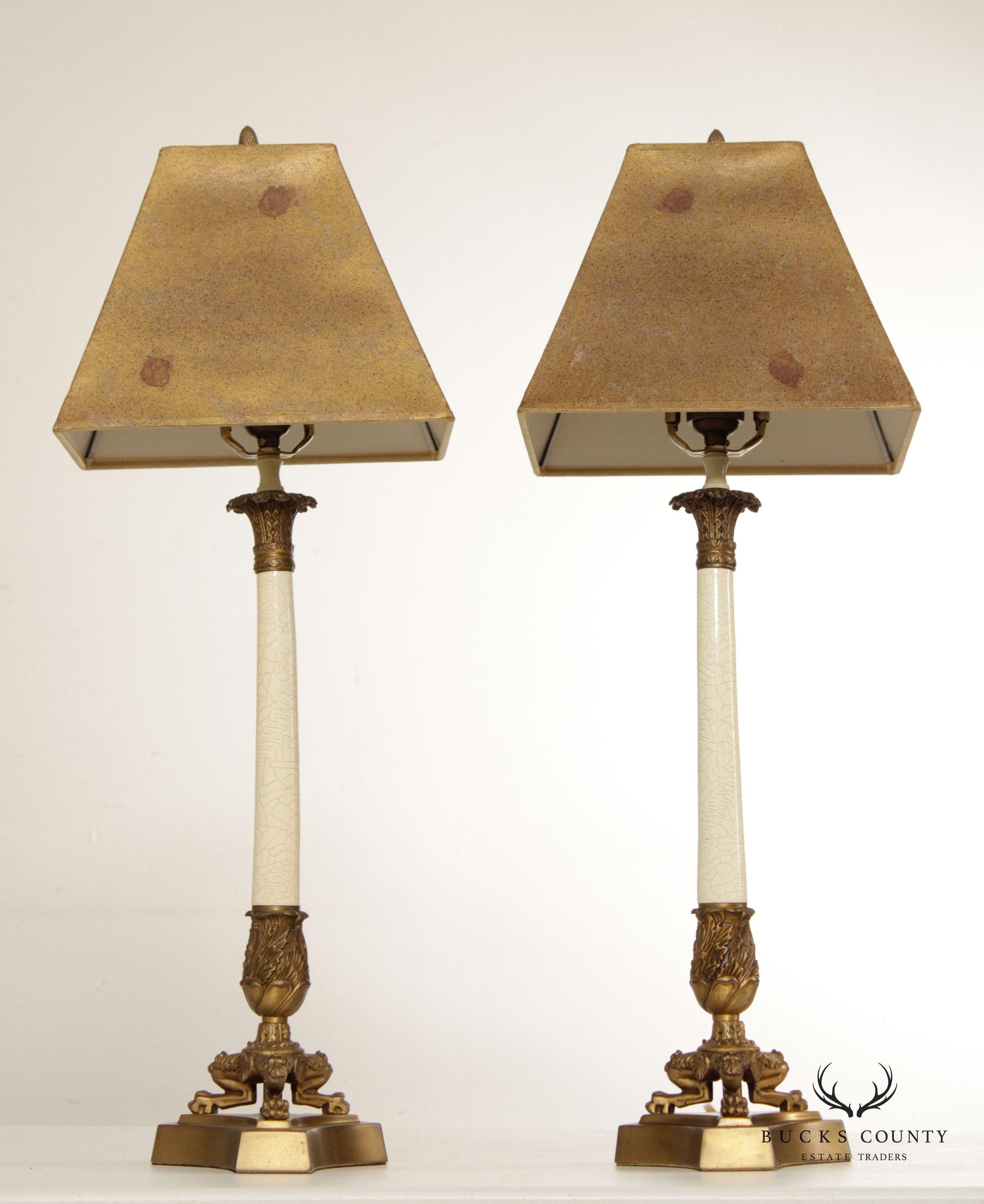 French Neoclassical Style Pair Brass Column Table Lamps