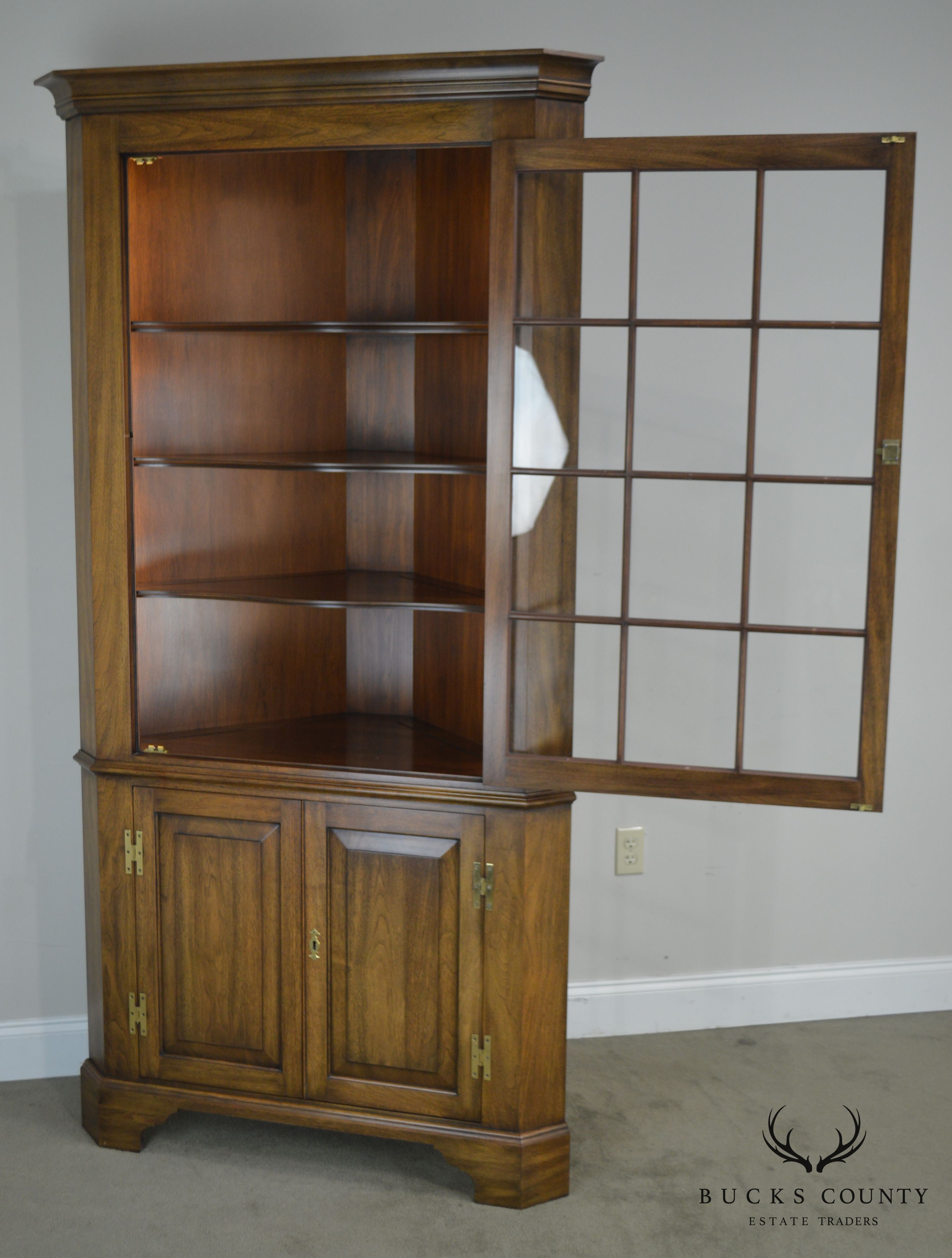 Henkel Harris Solid Walnut Large 12 Pane Corner Cabinet Circa 1994