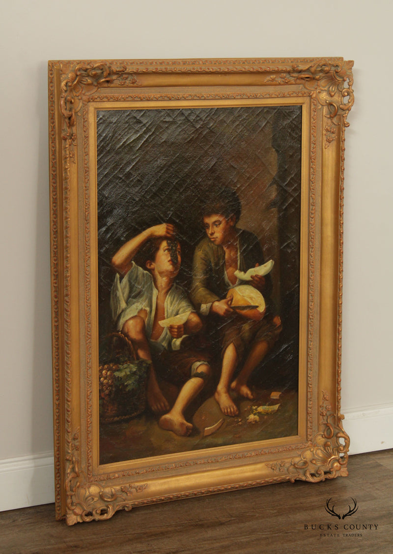 Vintage 20th C. 'Children Eating Grapes and a Melon' Original Painting after Murillo