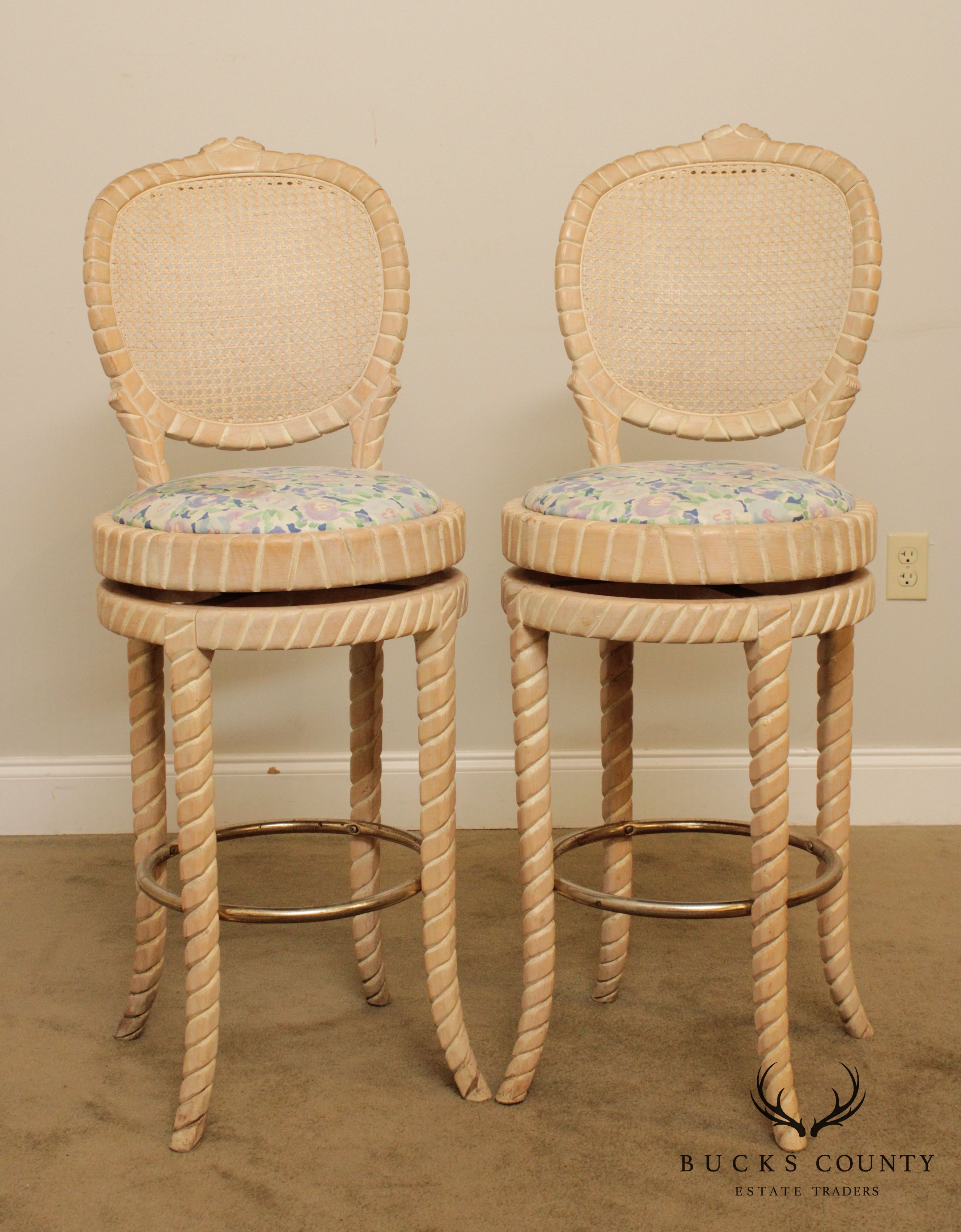 Quality Pair of Twisted Rope Knot Wood Bar Stools