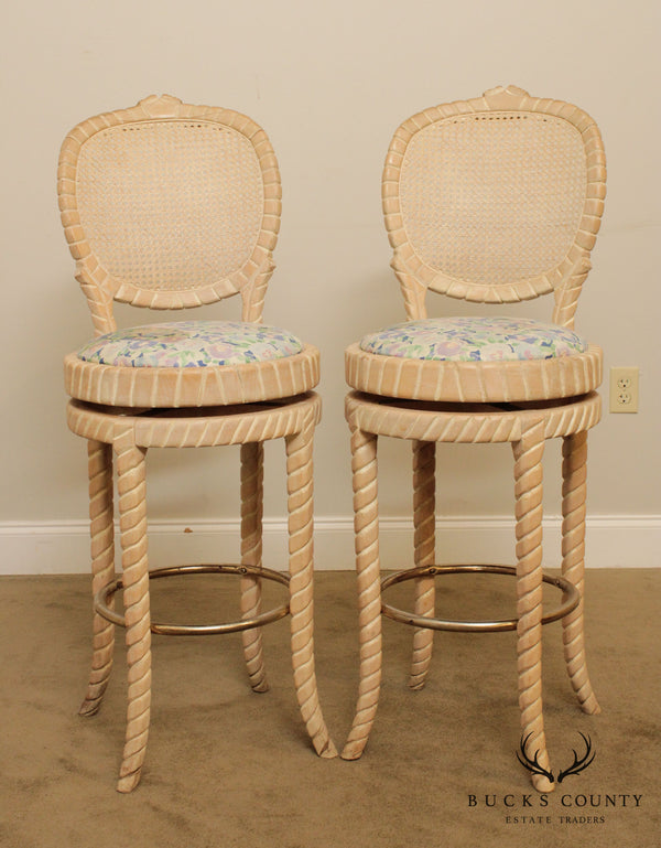 Quality Pair of Twisted Rope Knot Wood Bar Stools