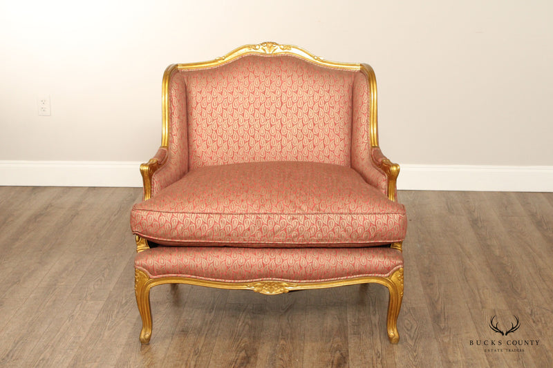 French Louis XV Style Pair of Giltwood Wide Seat Bergere Chairs