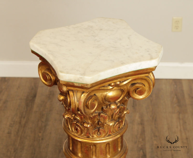 Antique 19th Century Italian Neoclassical Carved Giltwood Marble Top Pedestal