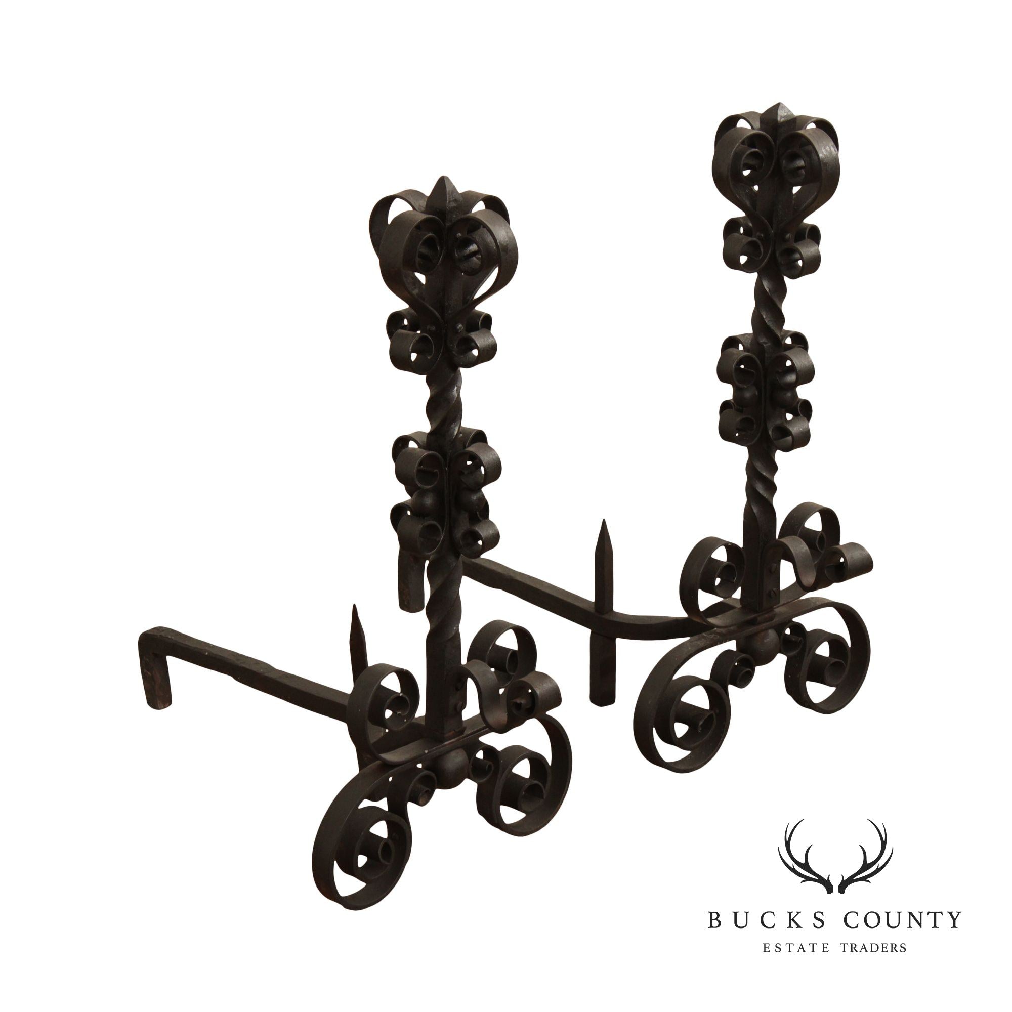 Vintage Gothic Style Pair Wrought Iron Scroll Andirons