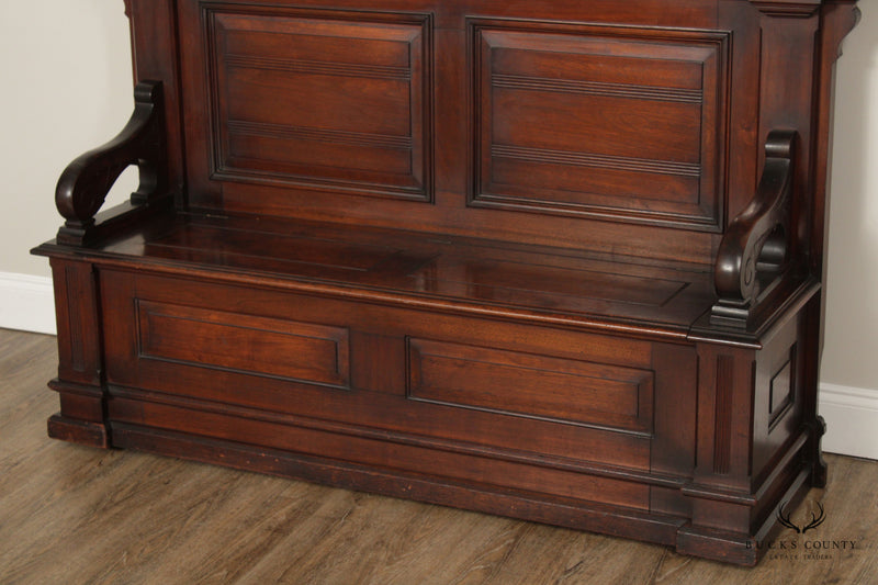 Monumental American Victorian Renaissance Carved Walnut Hall Bench With Mirror