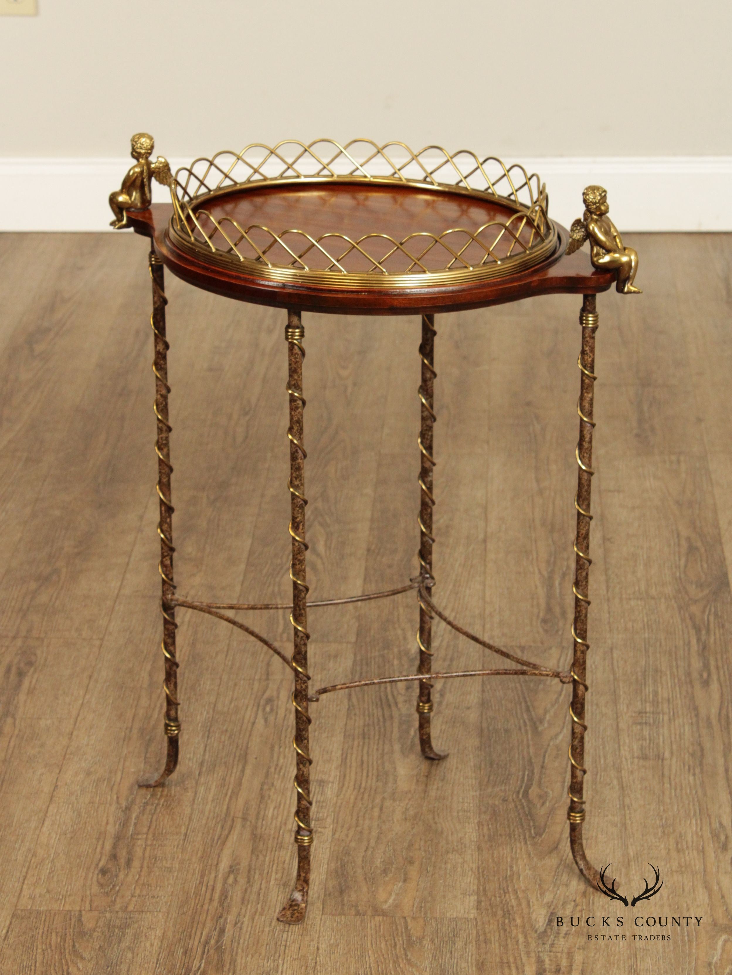 LaBarge Regency Style Mahogany and Brass Cherub Oval Plant Stand