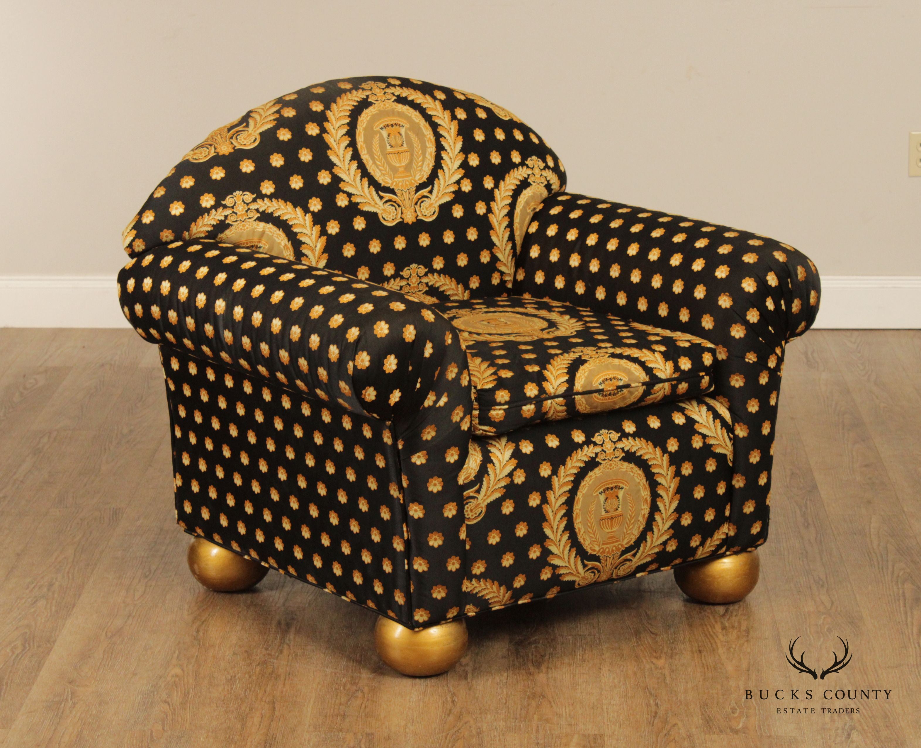 Pair of Custom Black and Gold Upholstered Club Chairs