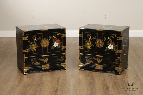 Chinoiserie Decorated Pair of Black Lacquer Nightstands