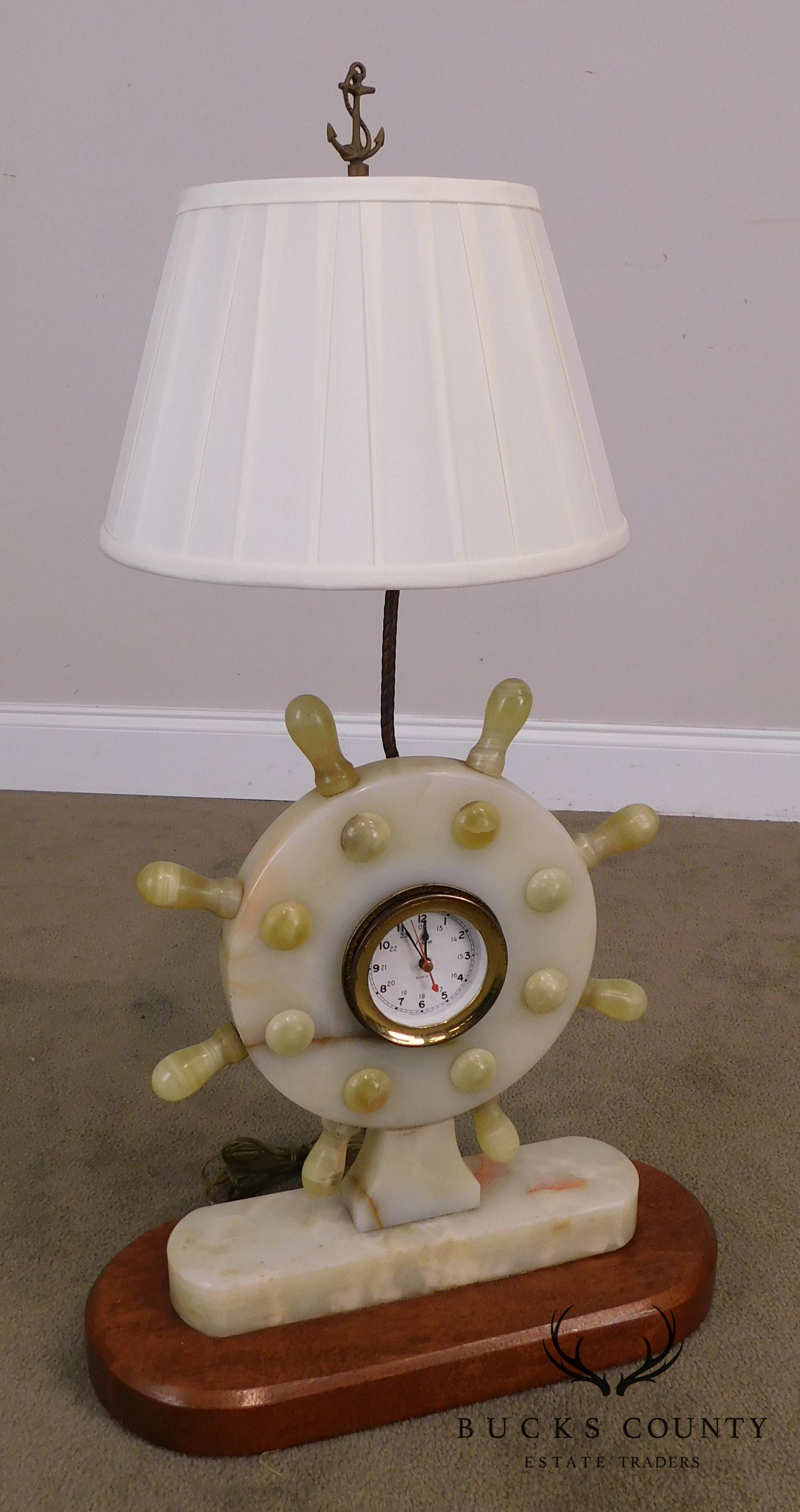 Vintage Nautical Onyx Ships Wheel Table Lamp Clock