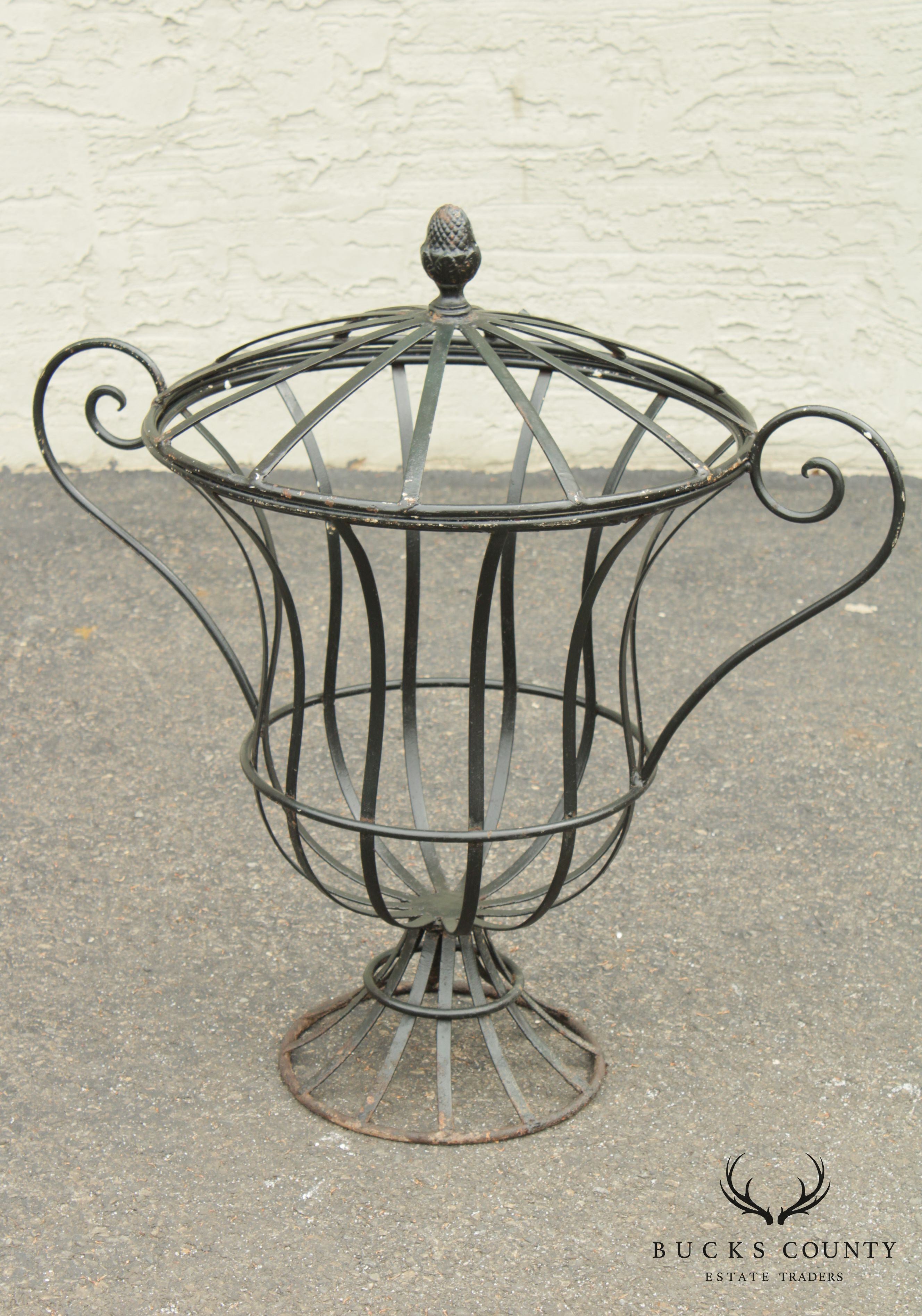 Vintage Pair Wrought Iron Garden Urn Topiary Planters