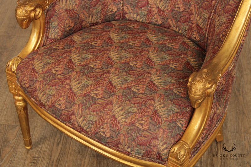 French Empire Style Gilt Rams Head  Pair Barrel Club Chairs