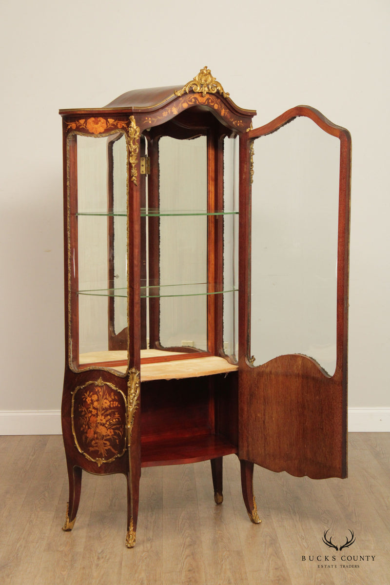 French Louis XV Style Inlaid Vitrine Display Cabinet