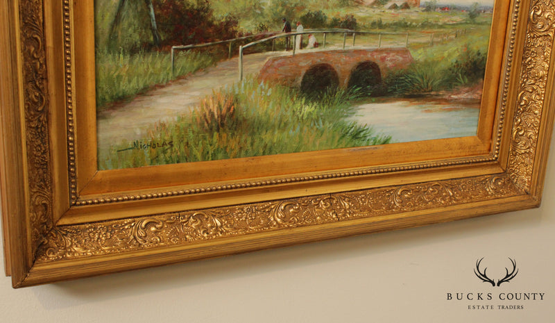 Impressionist Style Landscape Oil Painting, Gilt Frame Signed Nicholas
