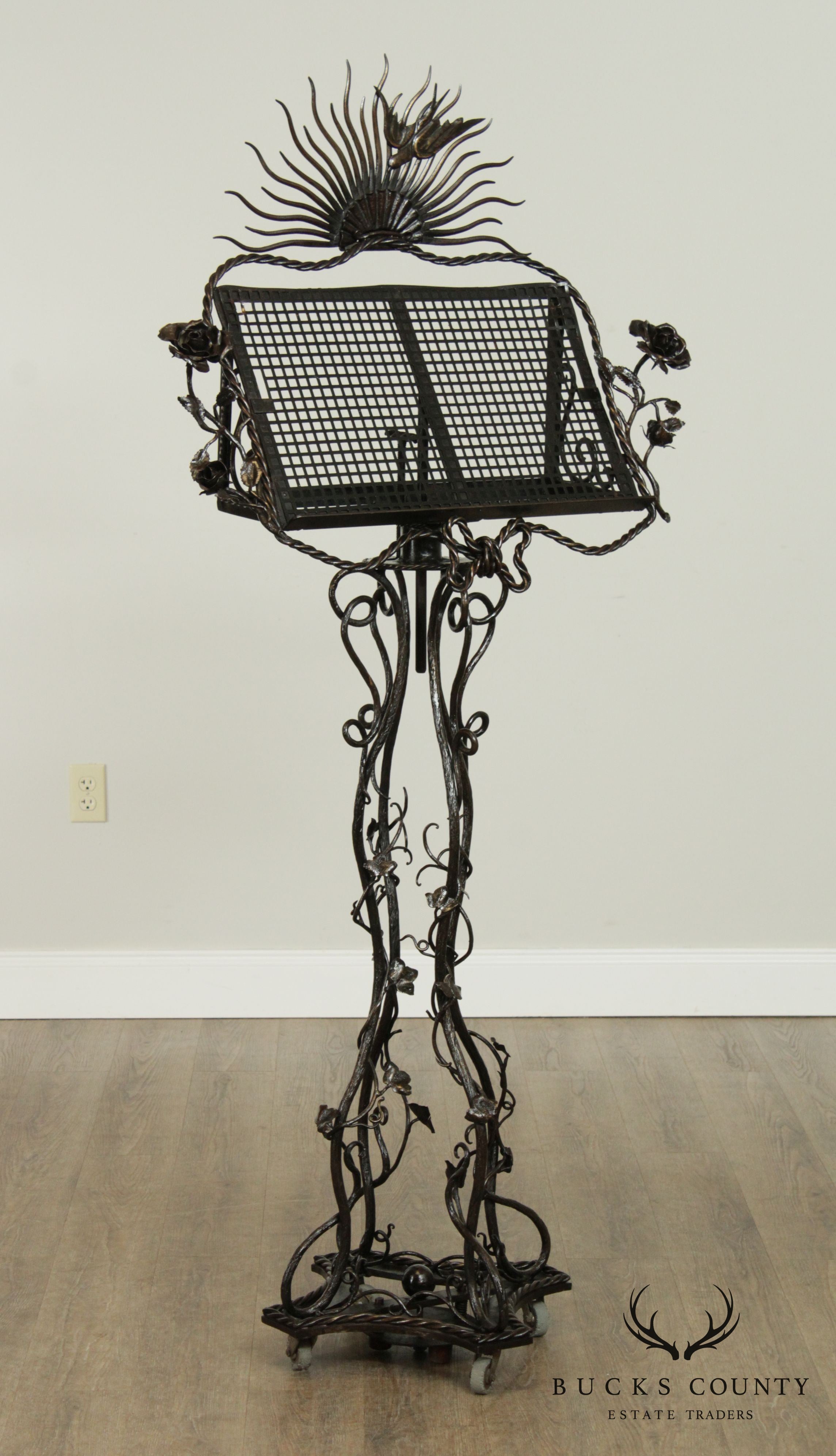 Hand Forged Iron Art Nouveau Sun Burst Rose Vine Music Stand by Farin