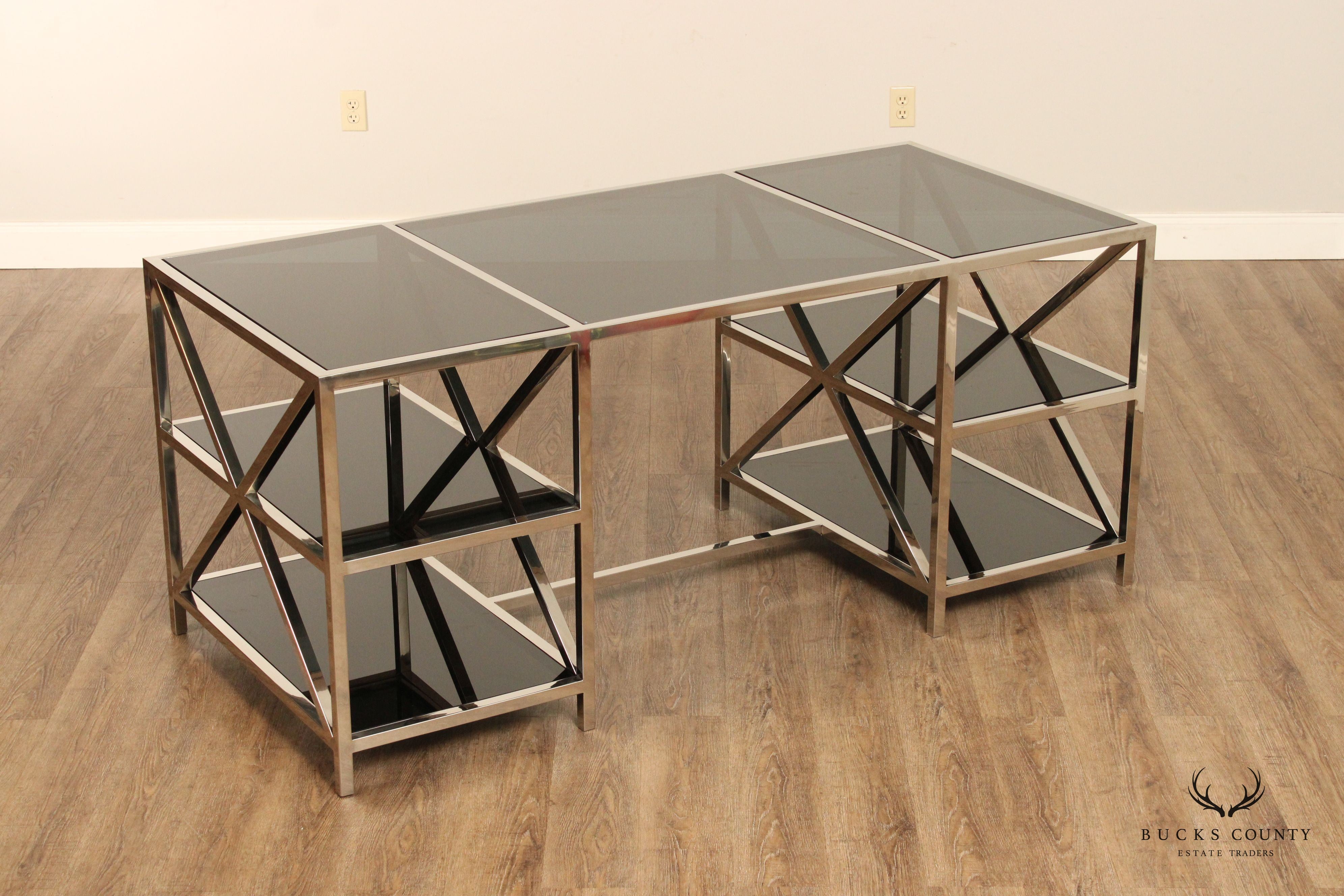 Contemporary Chromed and Smoked Glass X-Base Executive Desk