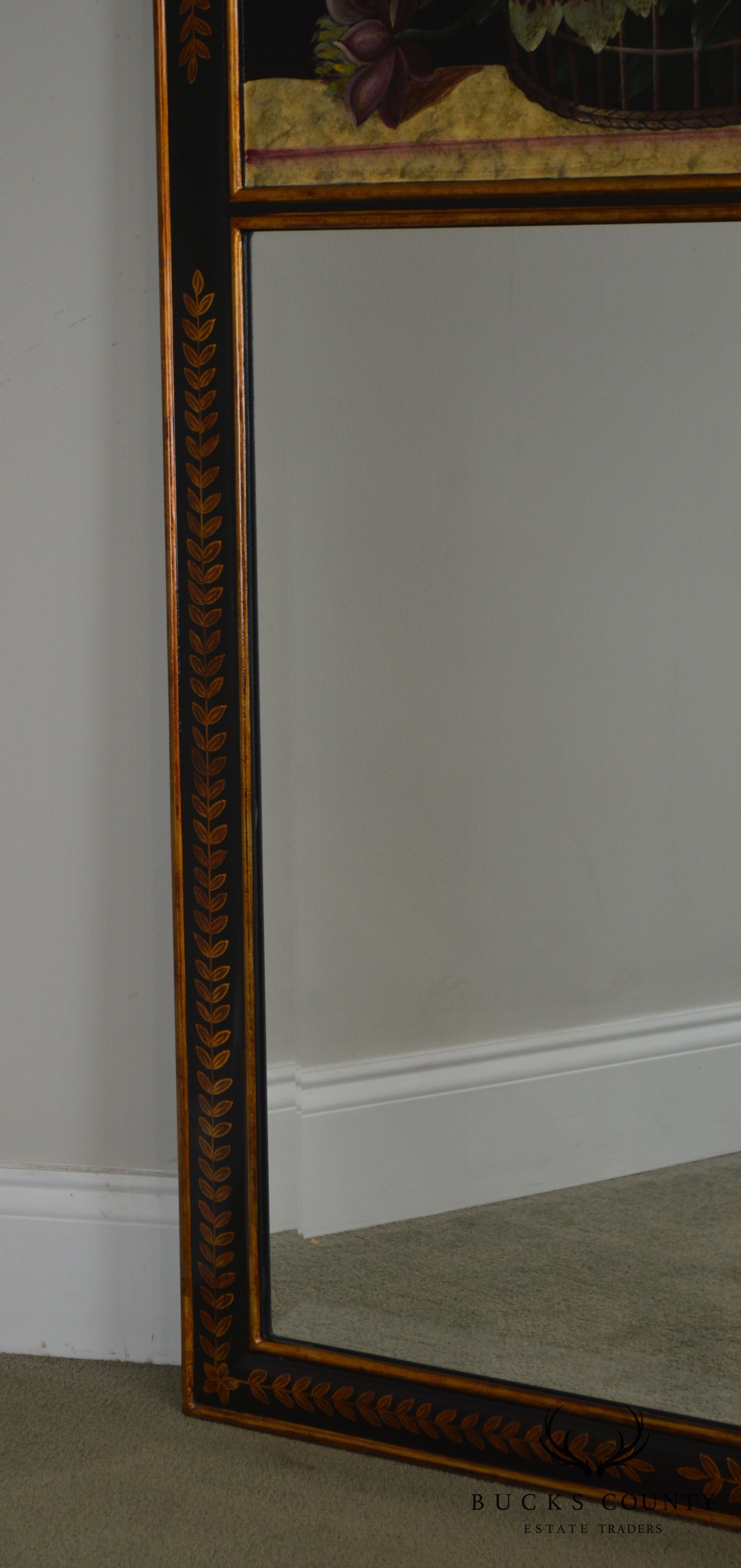 Quality Black & Gold Frame Trumeau Mirror with Hand Painted Flowers