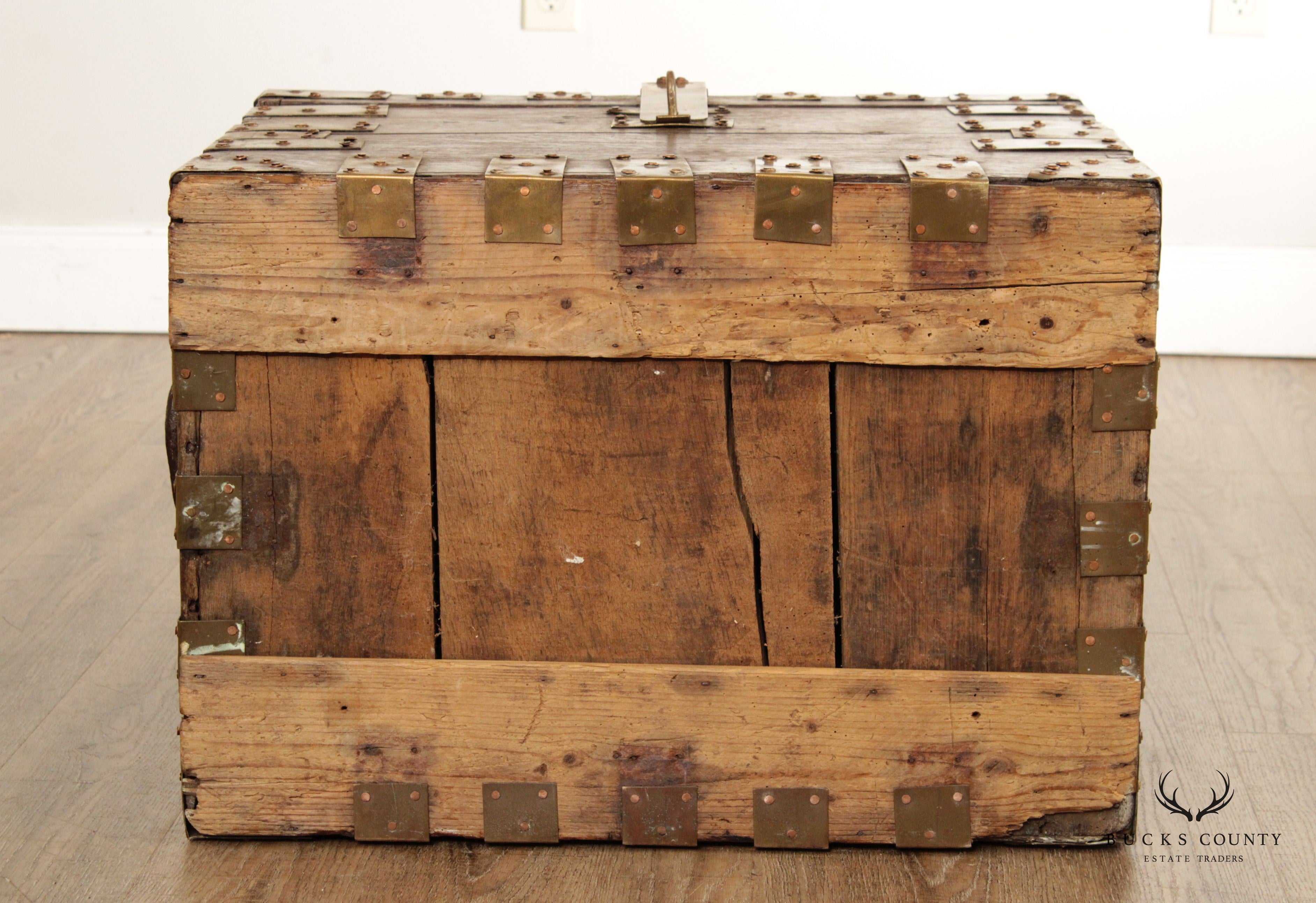 Antique Campaign Style Brass Strapped Trunk Chest