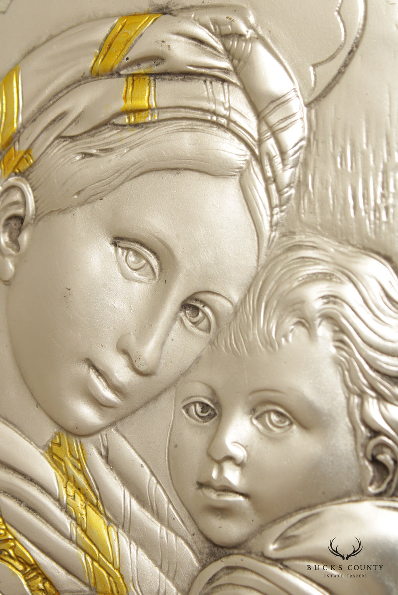 Vintage Italian Madonna  and Child Sterling Silver Art, Framed