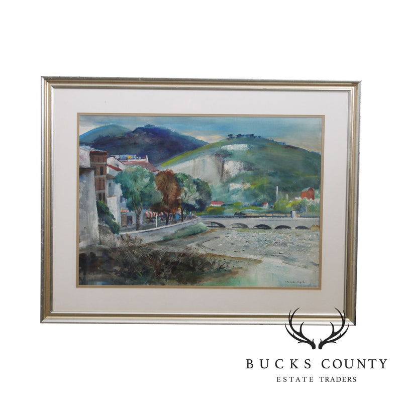 Charles Taylor Landscape with Bridge Watercolor Framed Painting