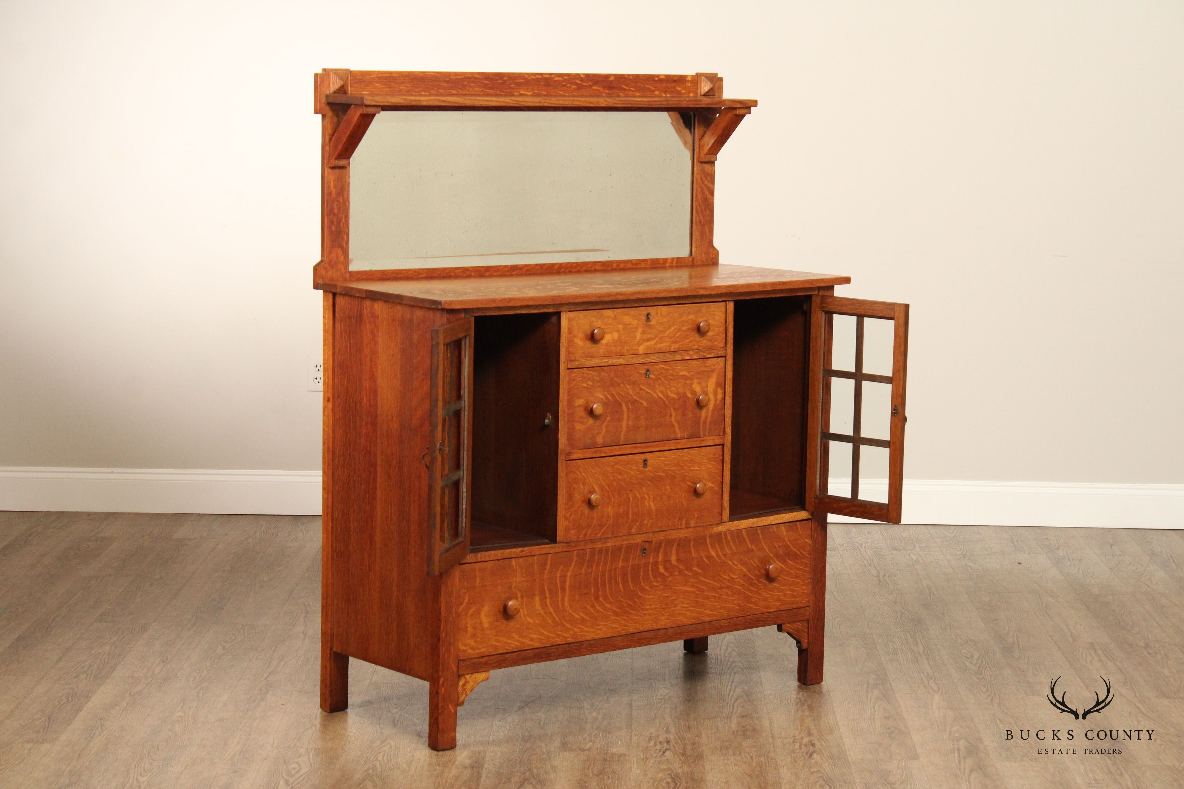 Larkin Co. Antique Mission Oak and Glass Sideboard Buffet