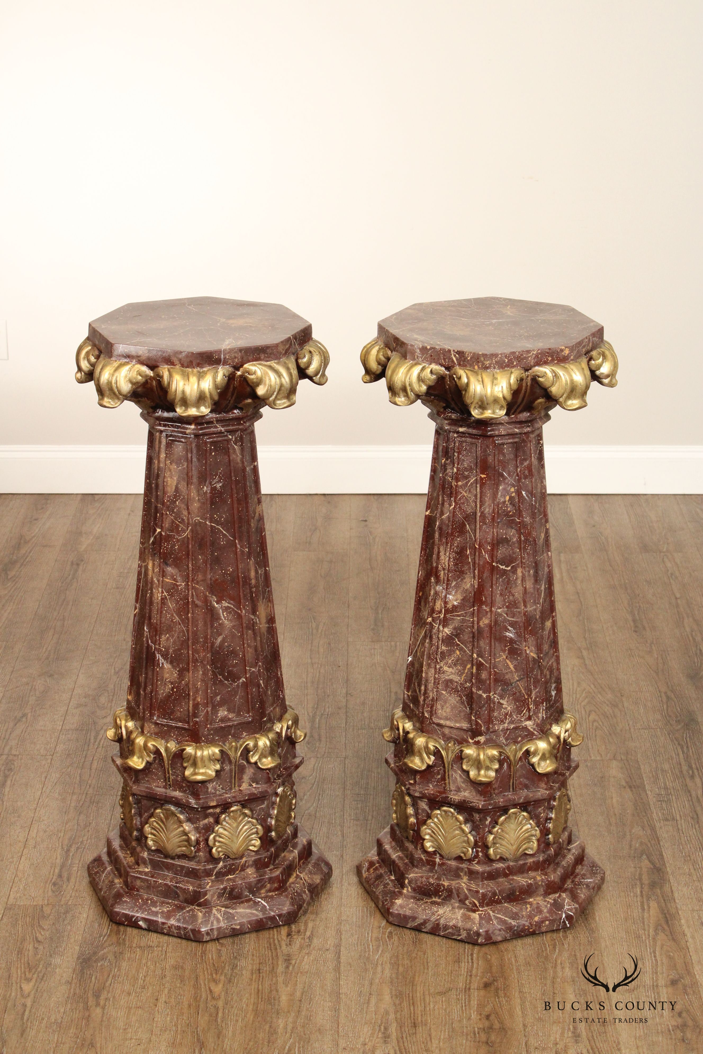 Neoclassical Style Partial Gilt Faux Marble Painted Pair of Column Pedestals