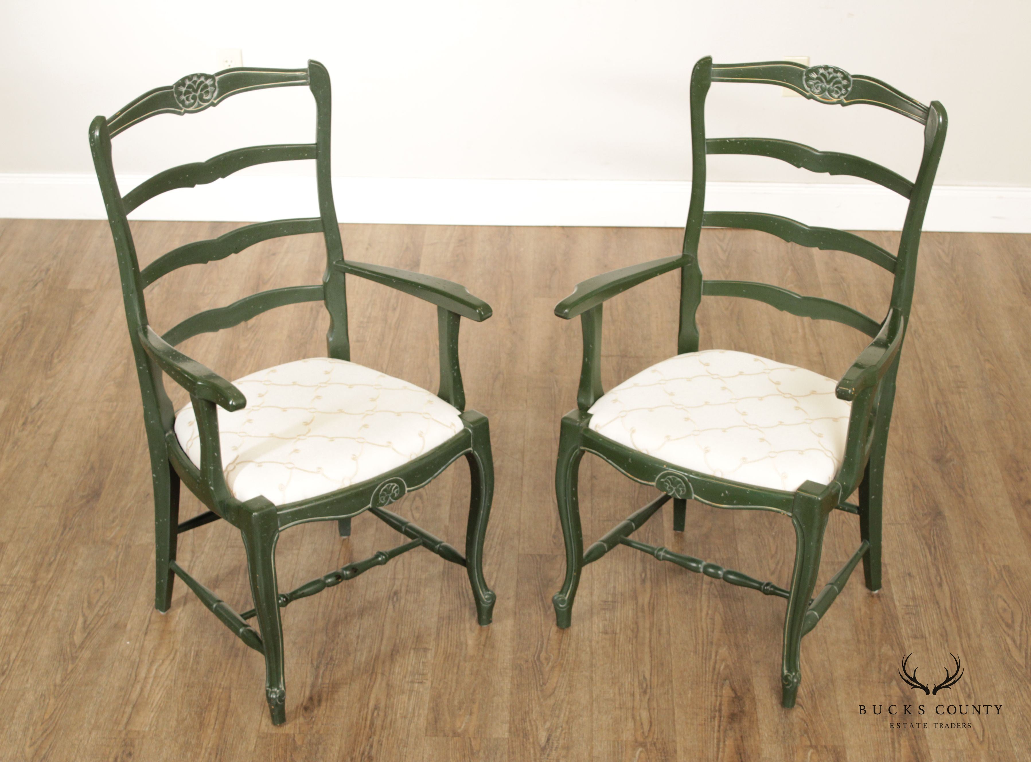 French Country Style Pair of Green Painted Ladder Back  Armchairs