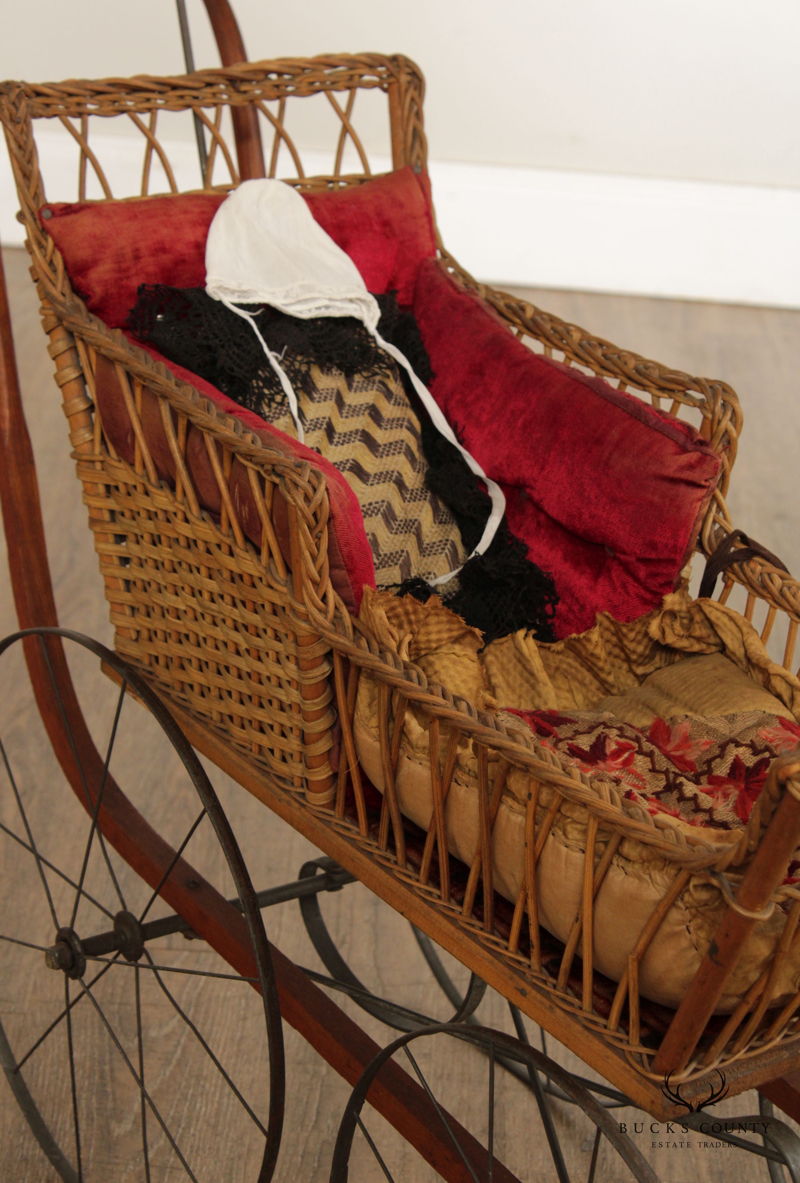 Antique Victorian Wicker Carriage Stroller with Umbrella