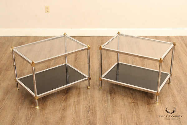 Hollywood Regency Style Pair Chrome Brass and Glass End Tables