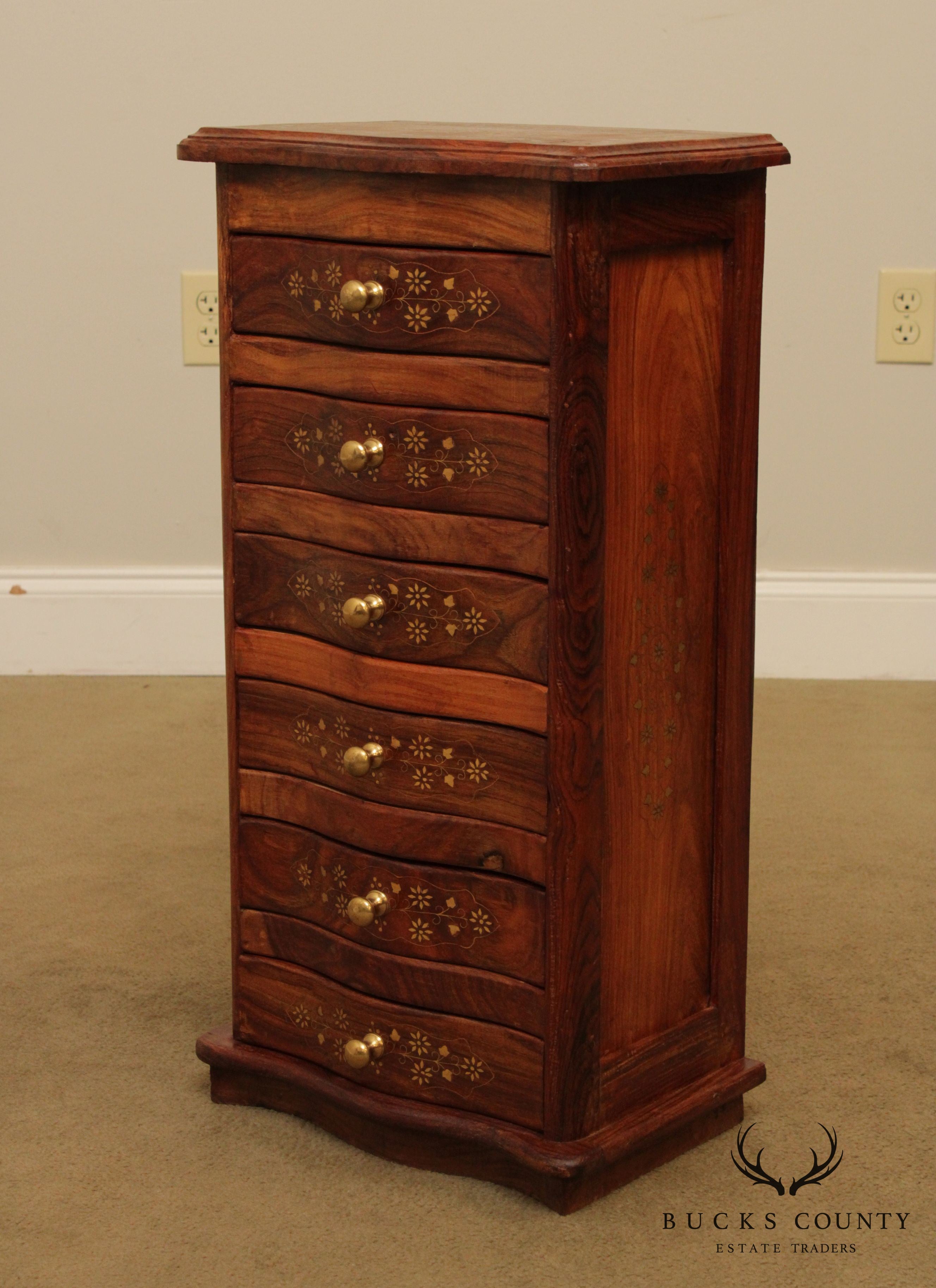 Quality Indian Rosewood Brass Inlaid Narrow 6 Drawer Chest