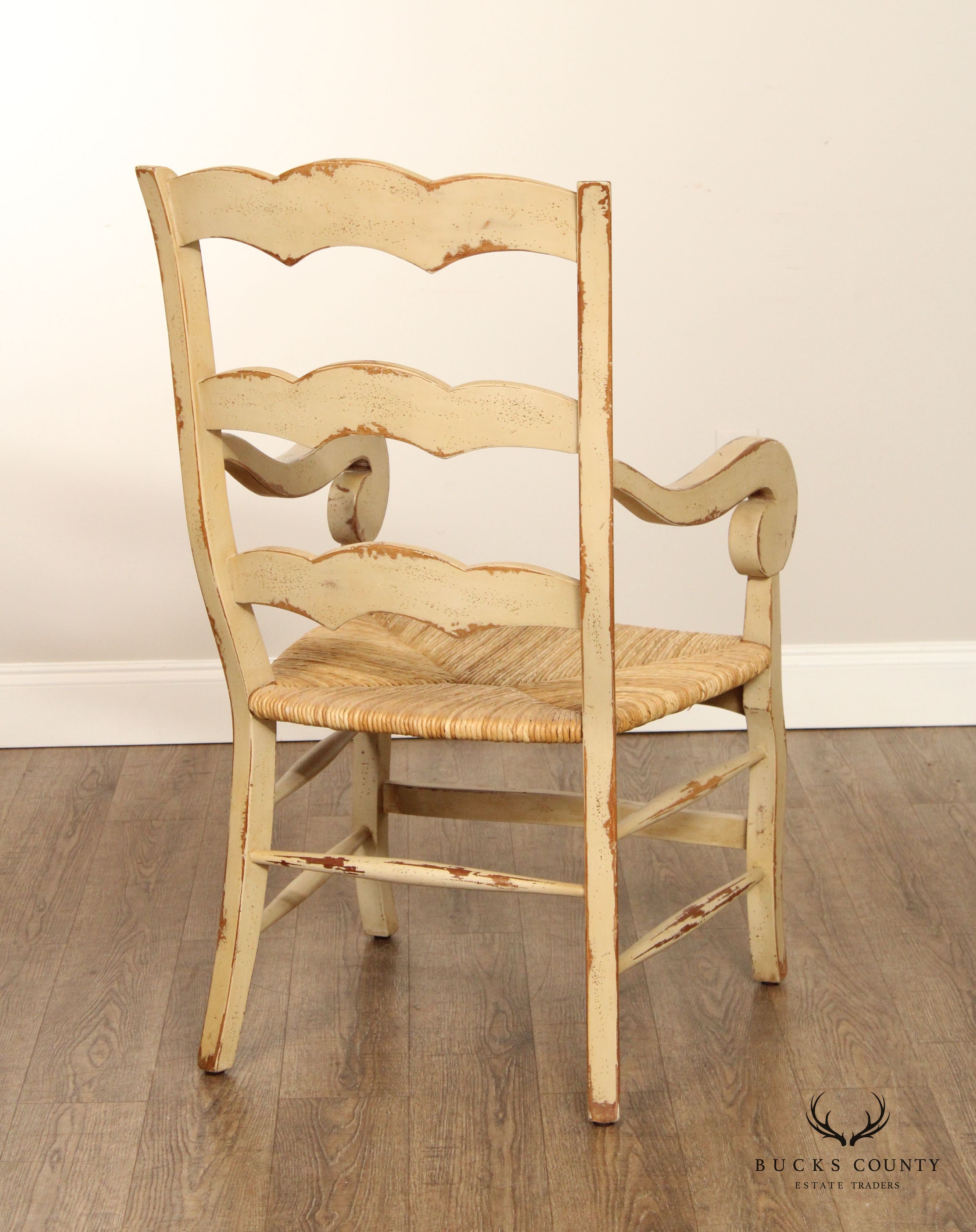 French Country Style Pair of Painted Ladderback Armchairs with Rush Seats