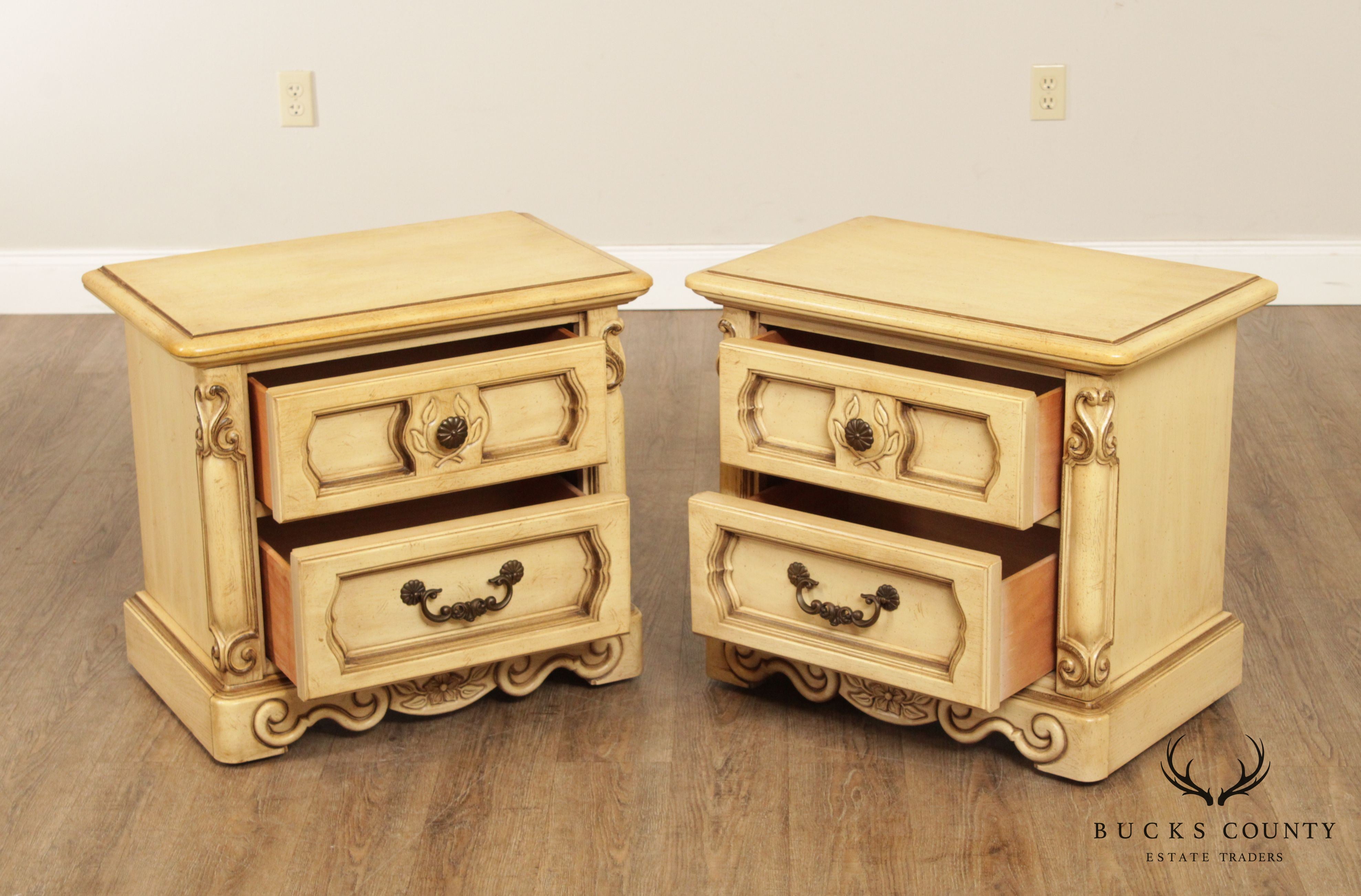 Basic Witz Vintage French Provincial Style Pair of Cream Painted Two Drawer Nightstands