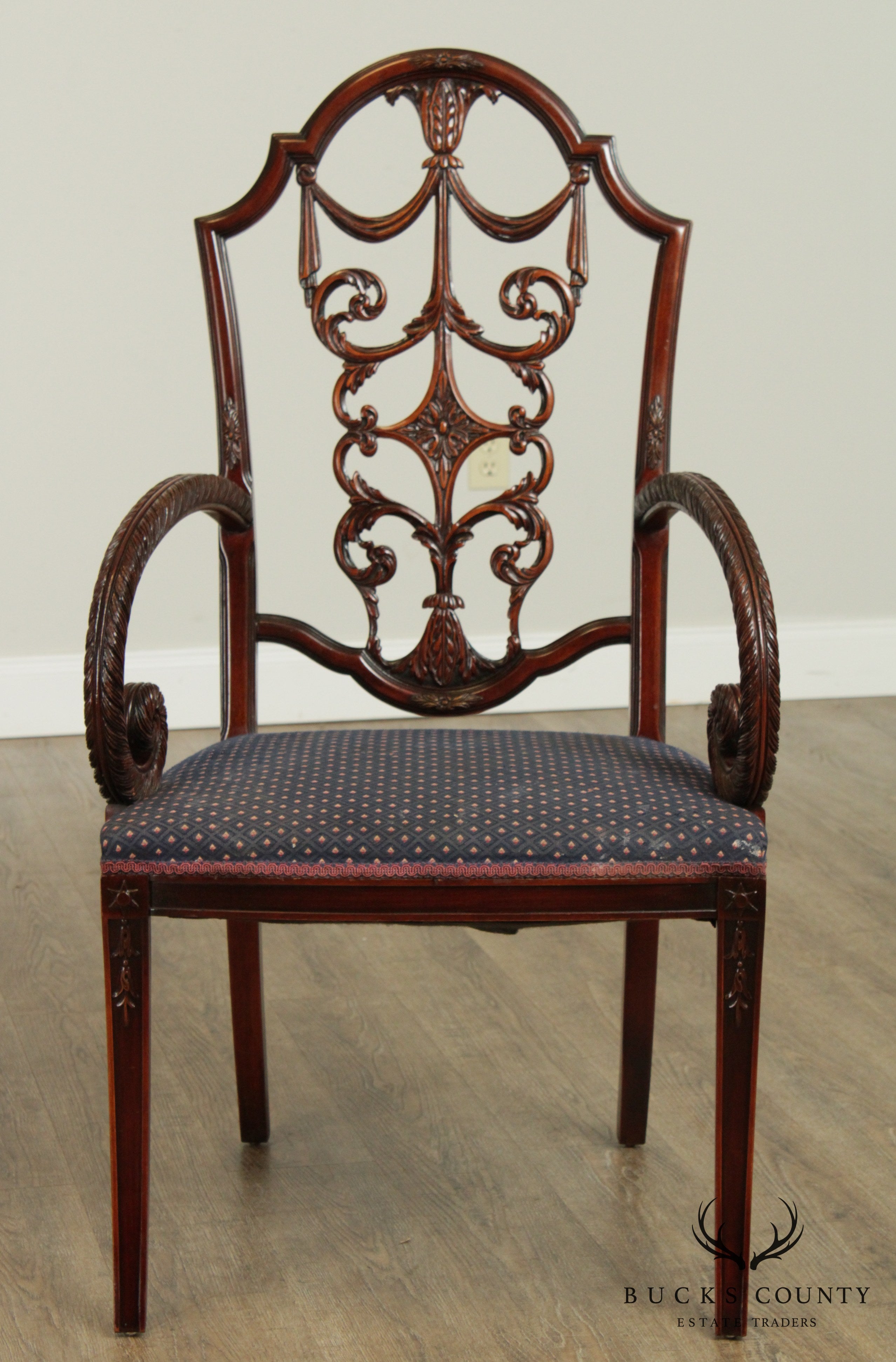 Georgian Style Vintage Carved Mahogany Set 8 Dining Chairs