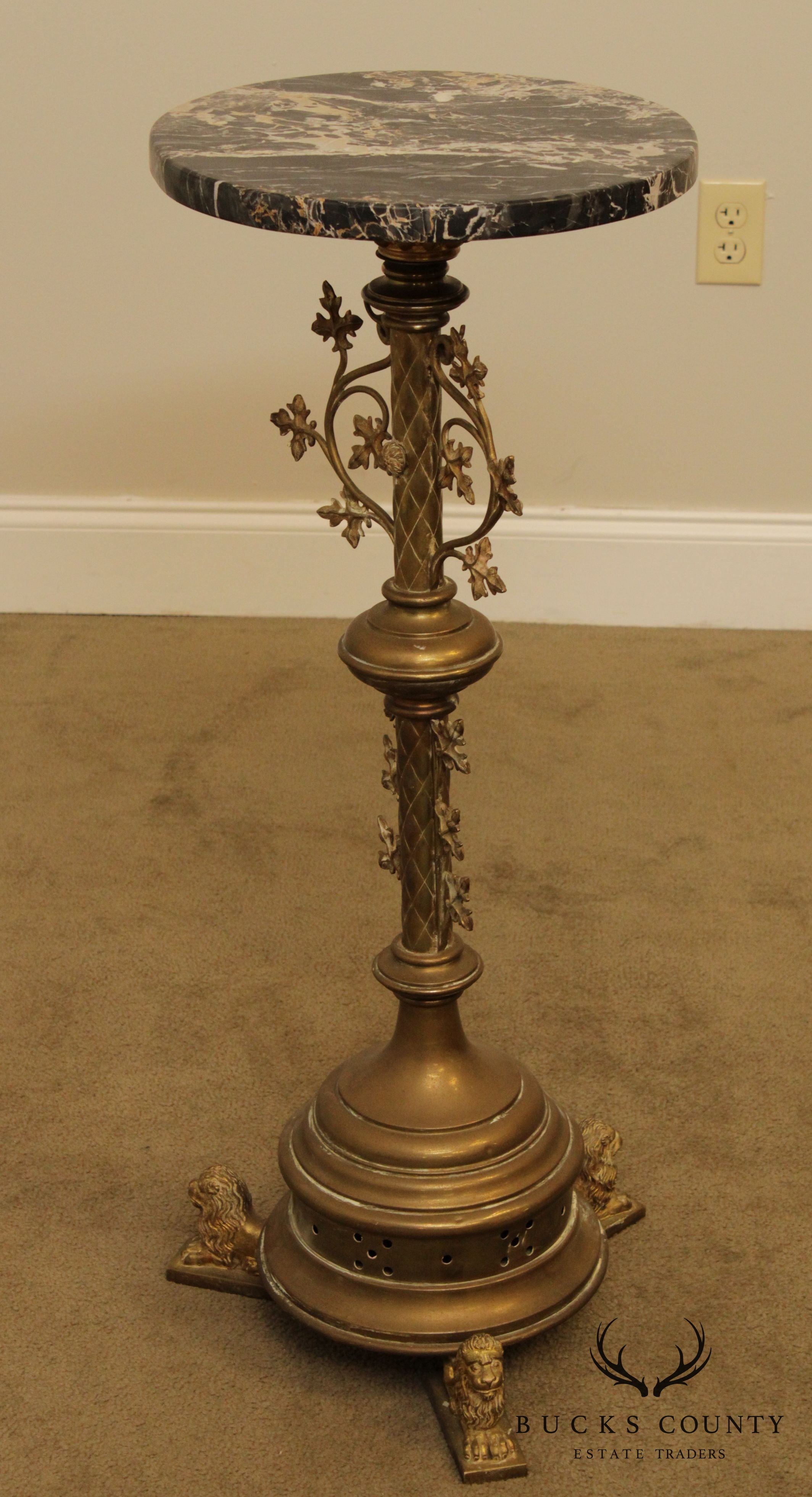 Italian Renaissance Style Antique Brass Marble Top Pedestal