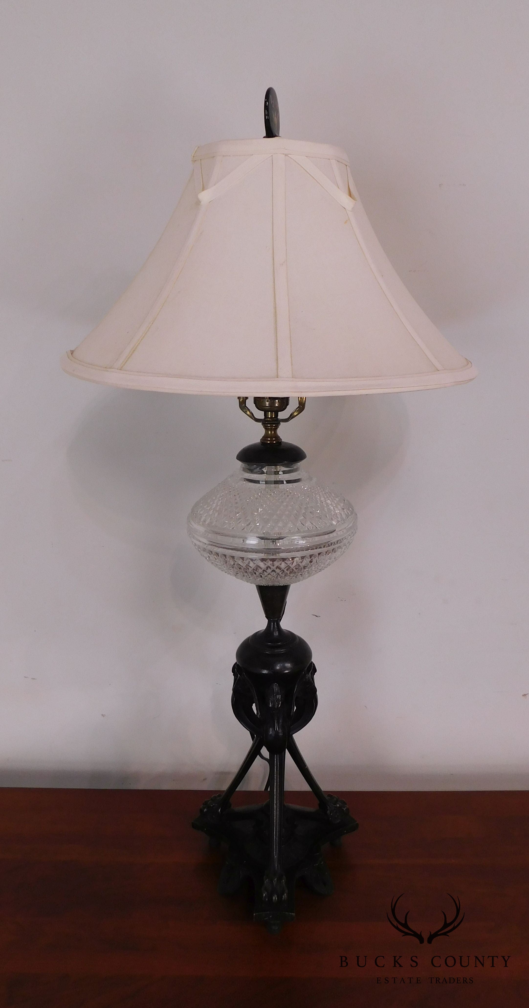 Aesthetic Movement Stork/Crane Figural Black Painted Bronze Table Lamp with Shade