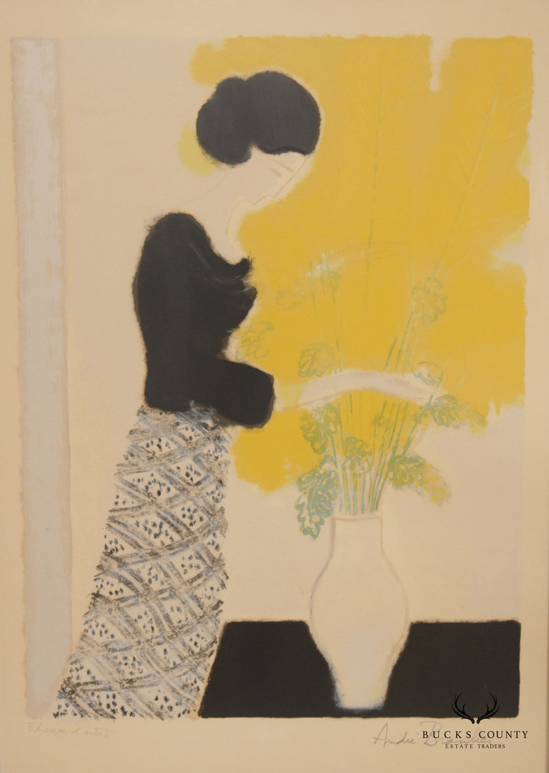 Andre Brasilier Signed Lithograph of Woman with Flowers