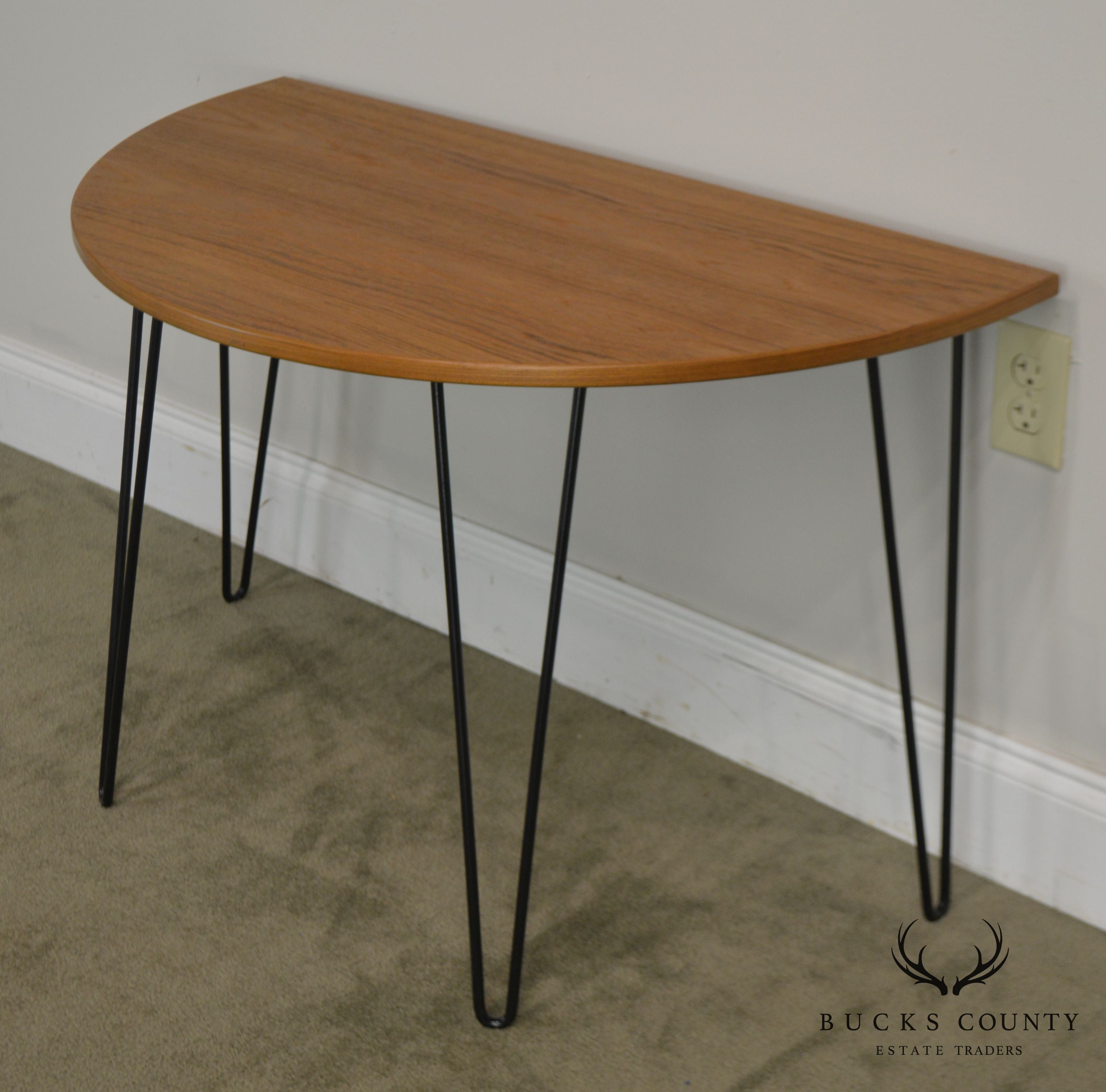 Danish Modern Style Demilune Teak Console Table with Iron Hair Pin Legs