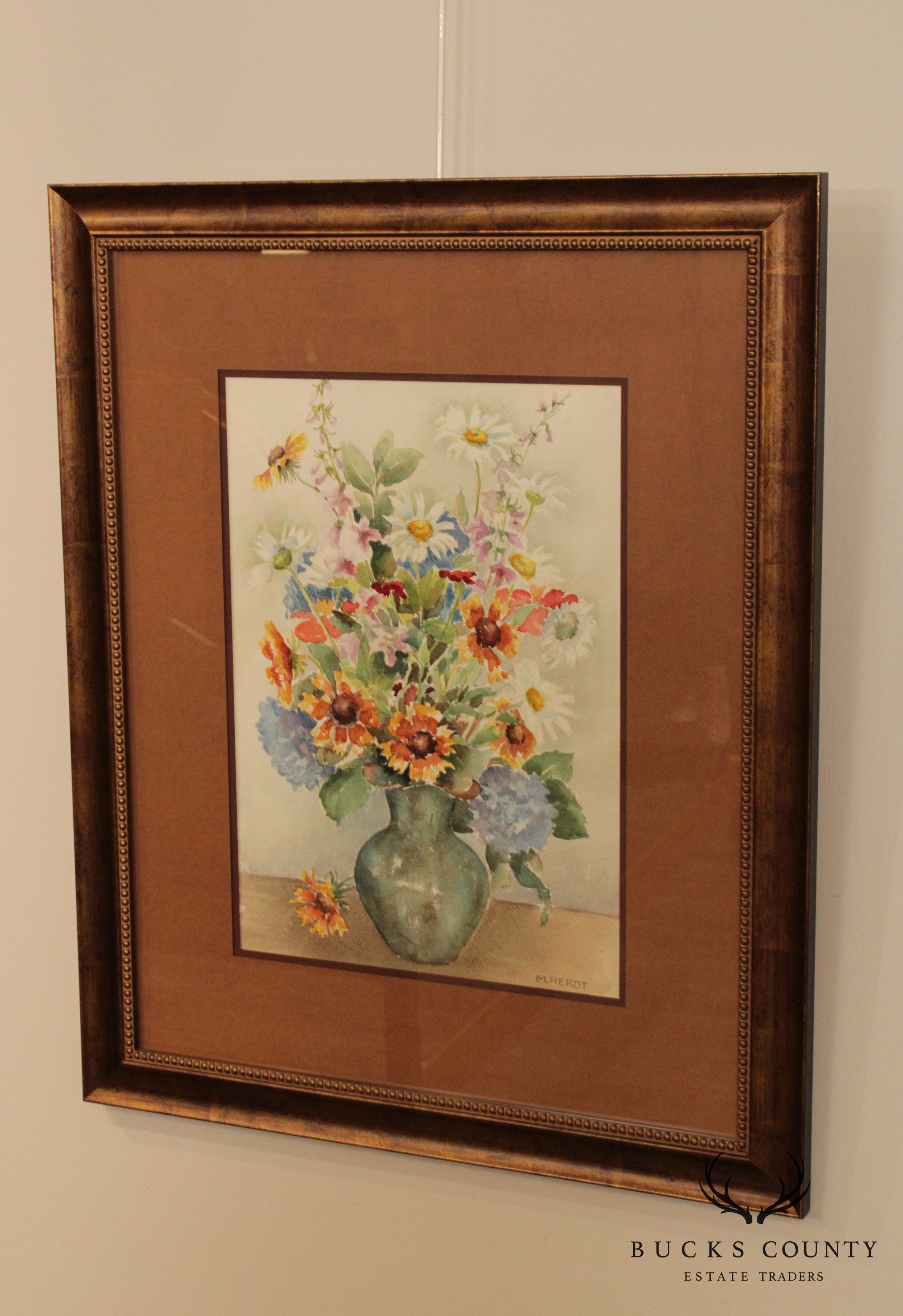 M. Herdt Original Water Color Painting Still Life, Flowers in Vase