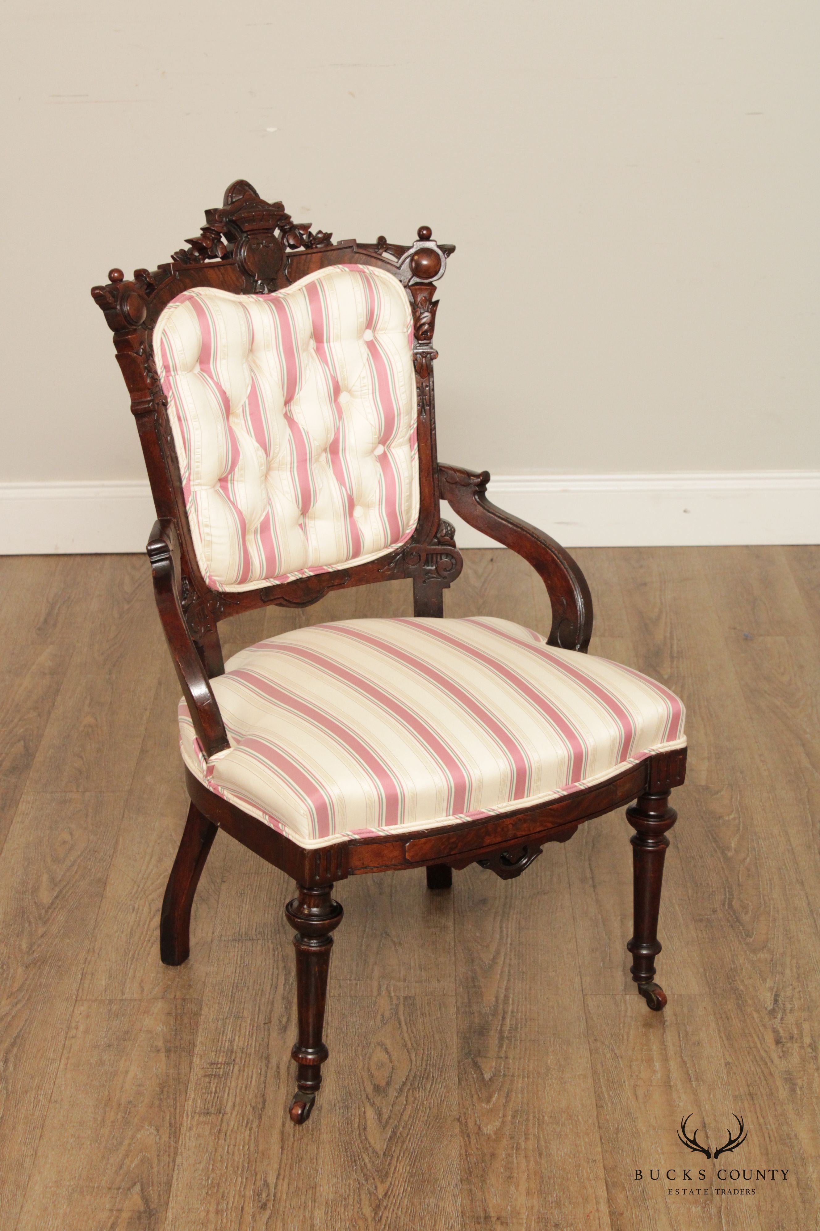 Antique Victorian Renaissance Carved Walnut Pair Of Armchairs