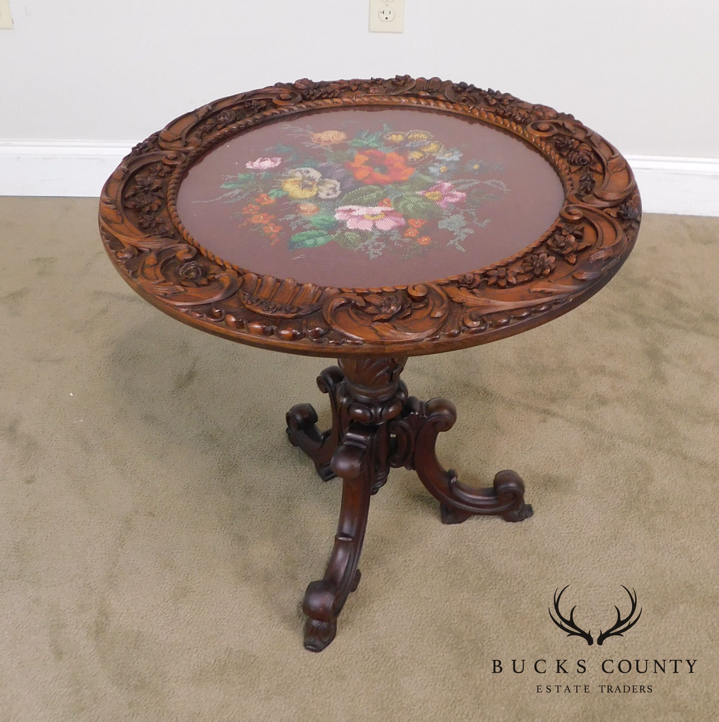 Renaissance Revival Antique Hand Carved Solid Walnut Round Table with Beeded Needlework